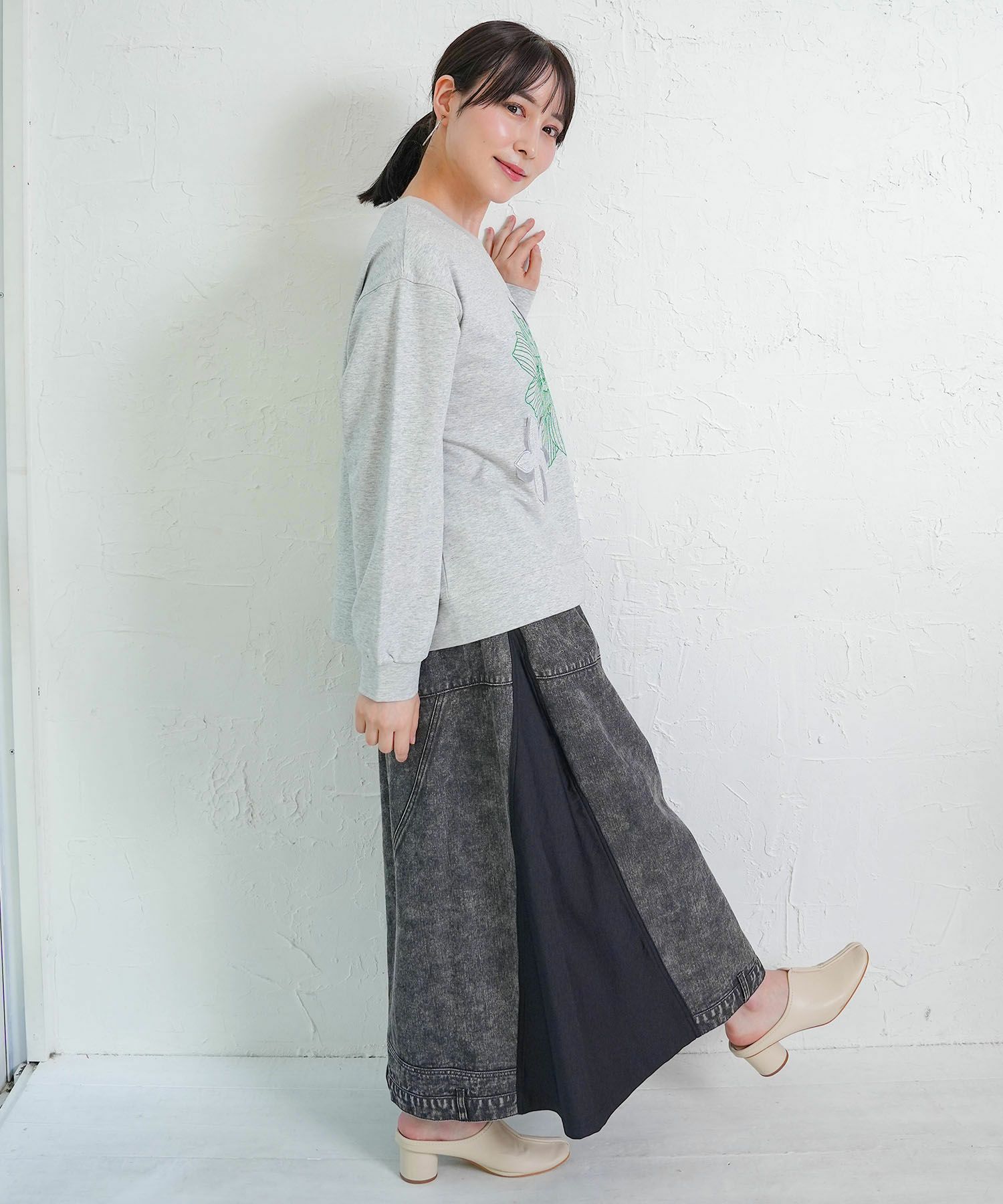 スタッズ付き異素材切替スカート-15