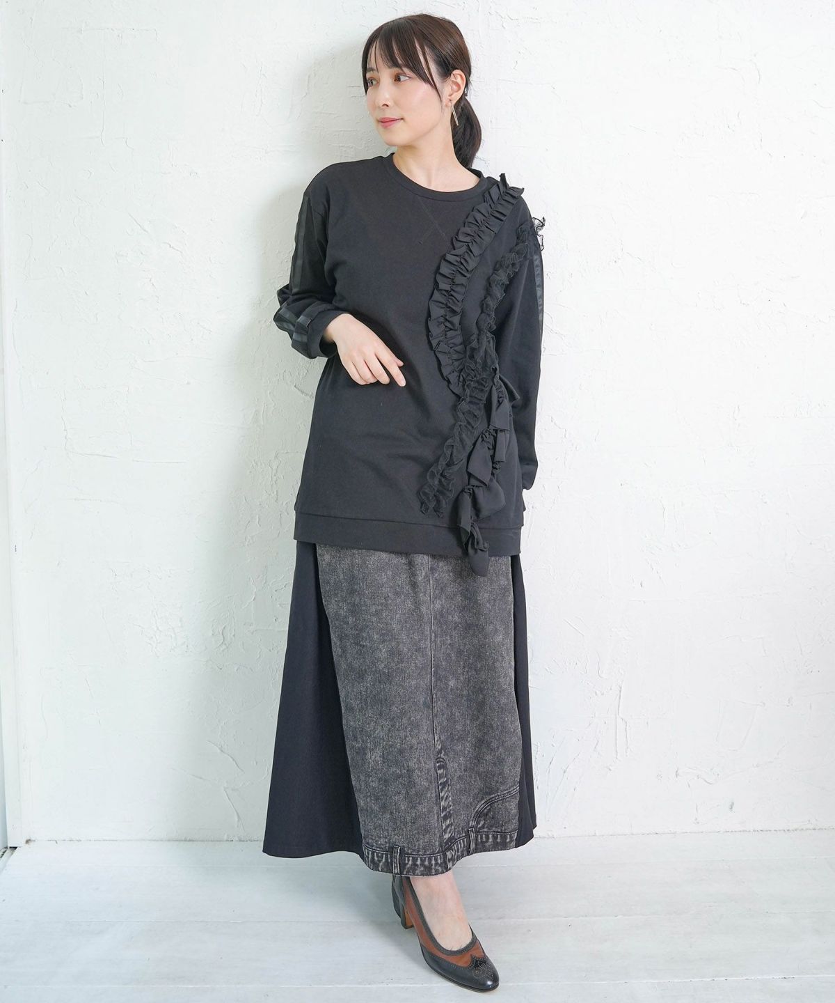 スタッズ付き異素材切替スカート-19