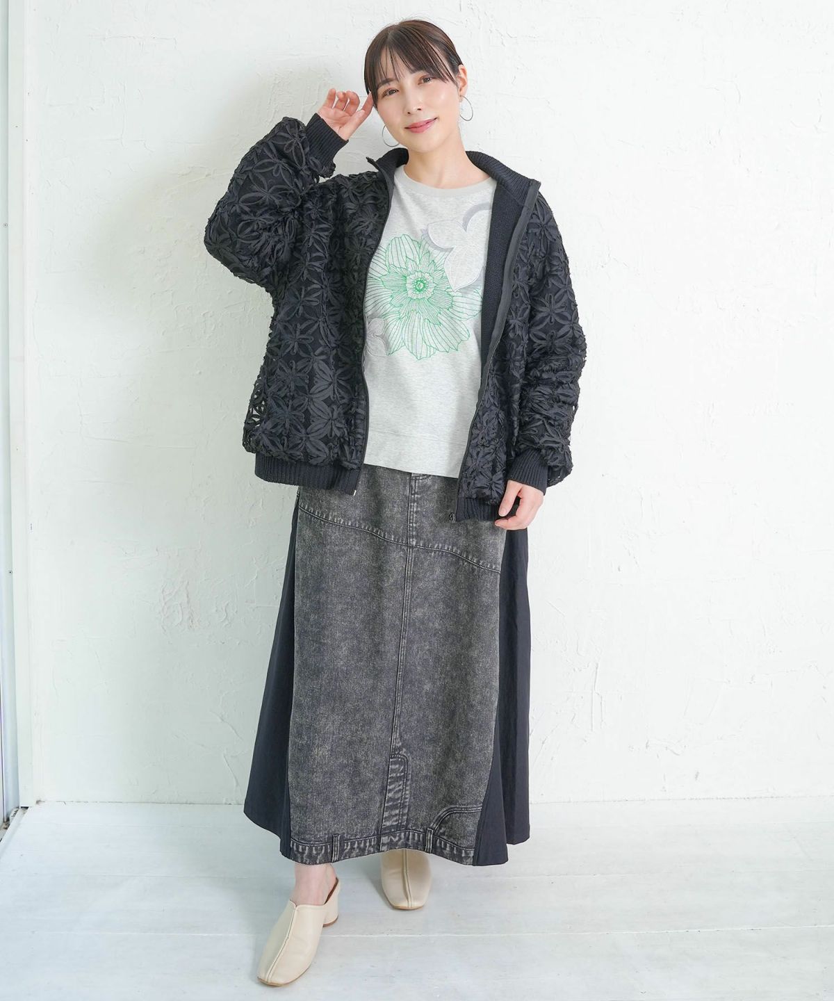 スタッズ付き異素材切替スカート-20