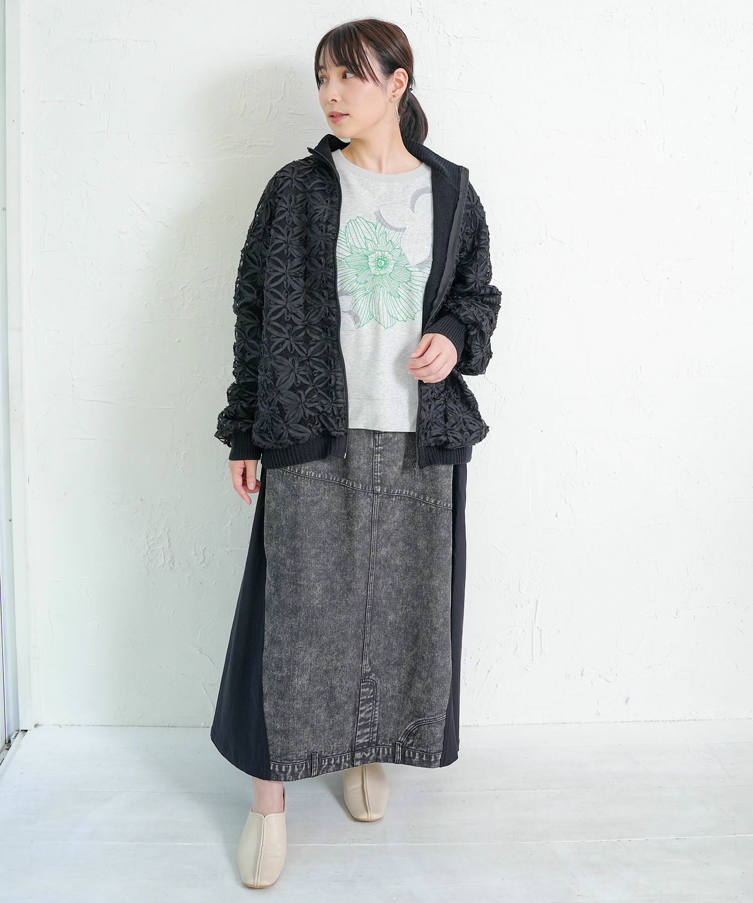 花柄チュール重ねニットブルゾン-2