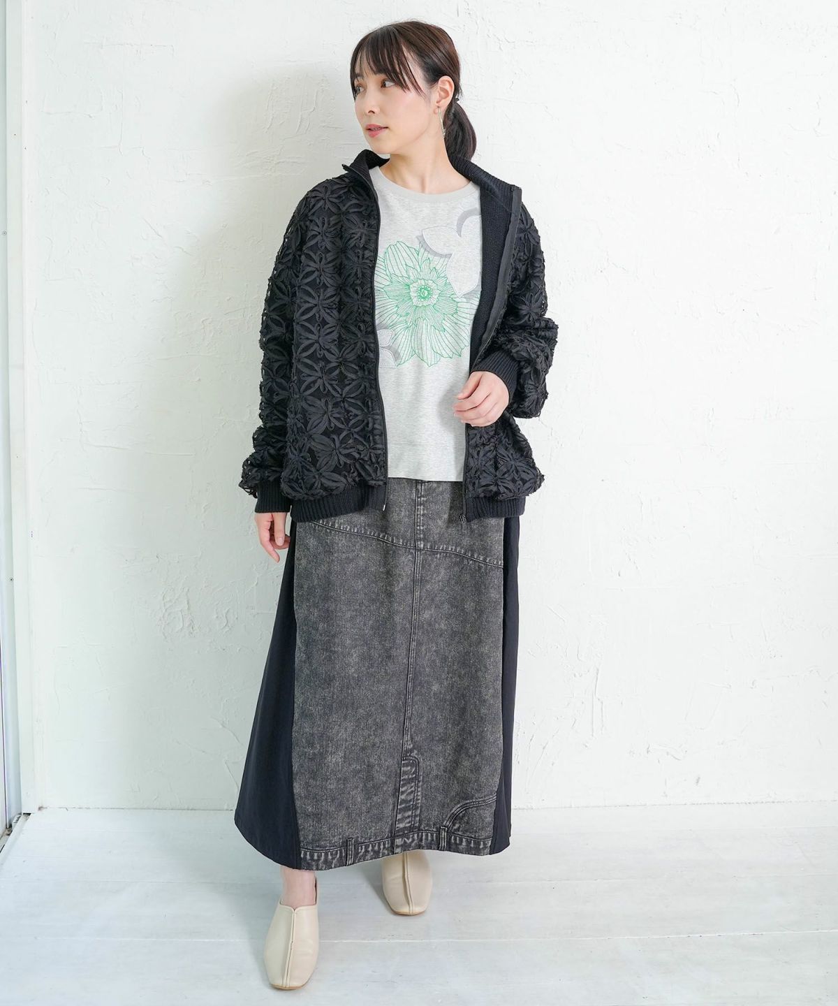 花柄チュール重ねニットブルゾン-2
