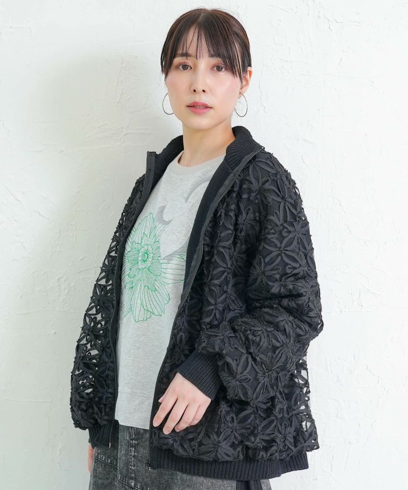 花柄チュール重ねニットブルゾン-3