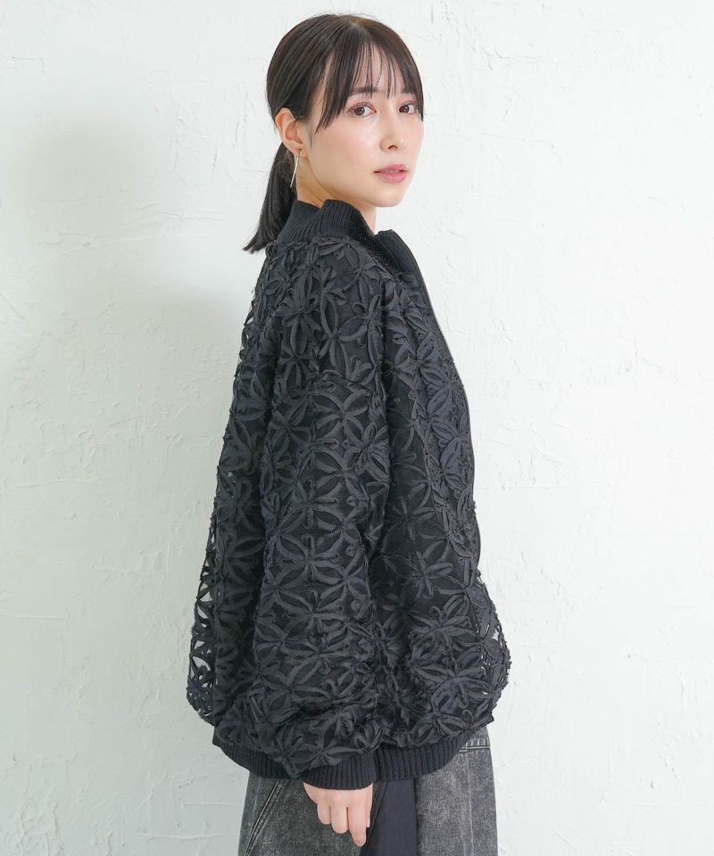 花柄チュール重ねニットブルゾン-4