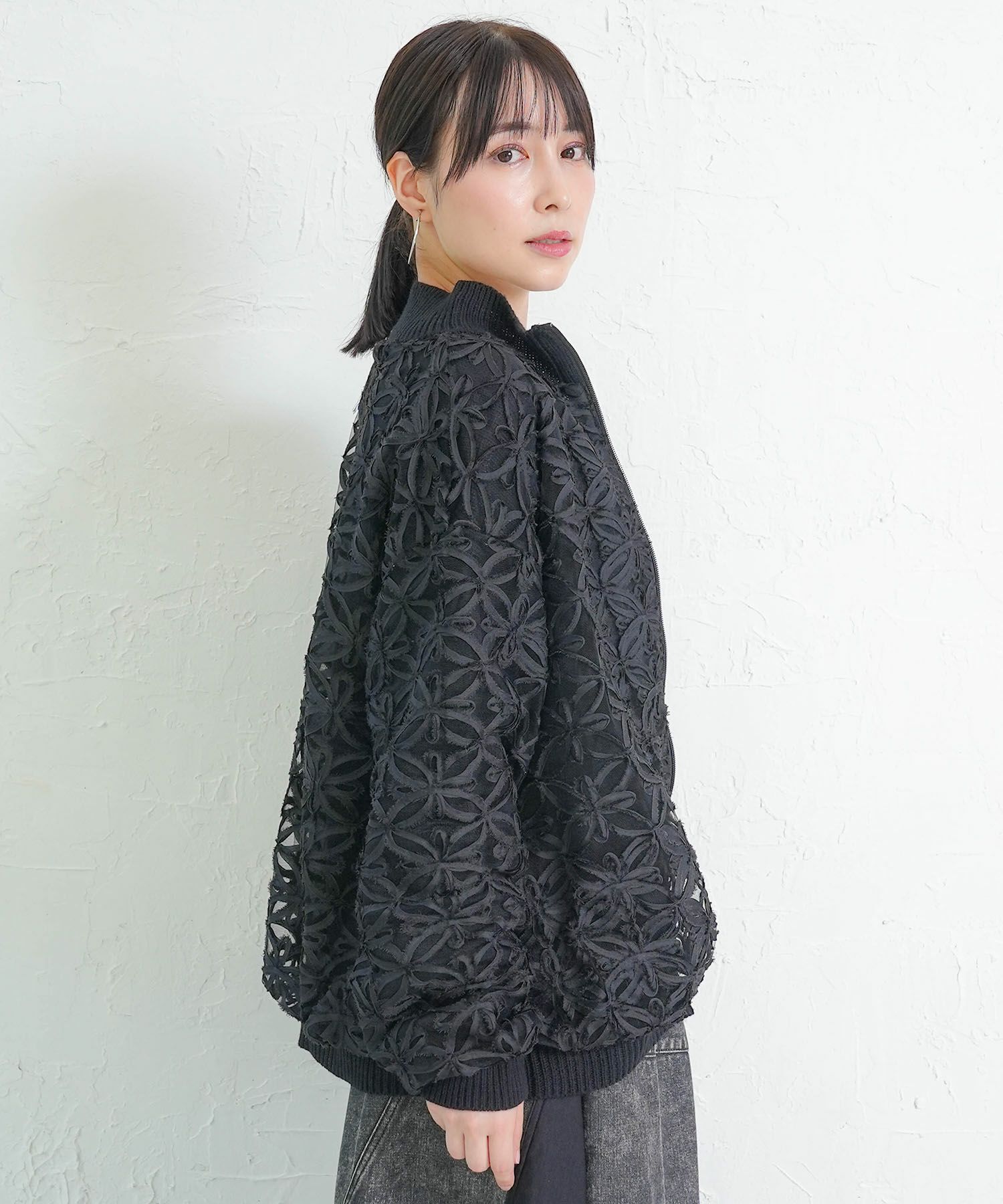 花柄チュール重ねニットブルゾン-4