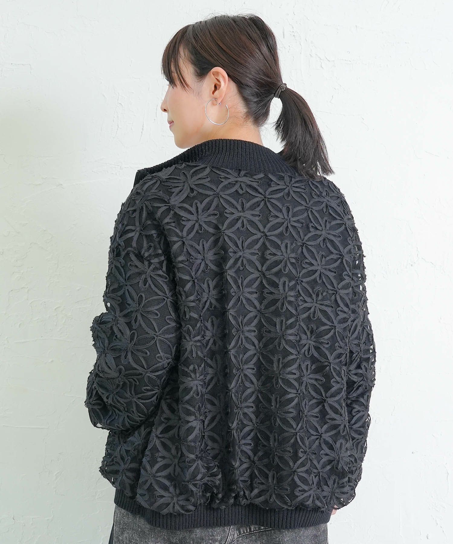 花柄チュール重ねニットブルゾン-5