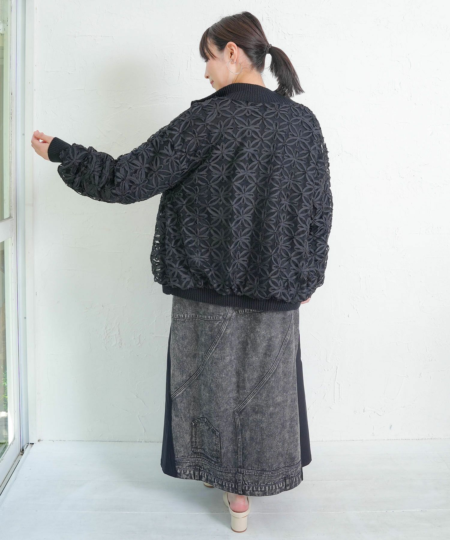 花柄チュール重ねニットブルゾン-6