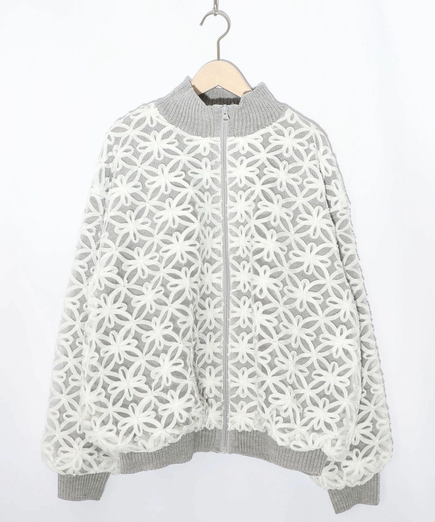 花柄チュール重ねニットブルゾン-9