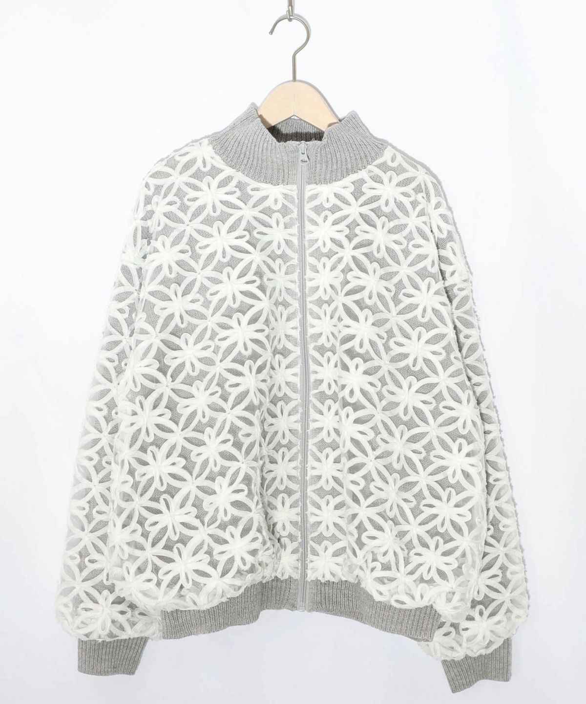 花柄チュール重ねニットブルゾン-9