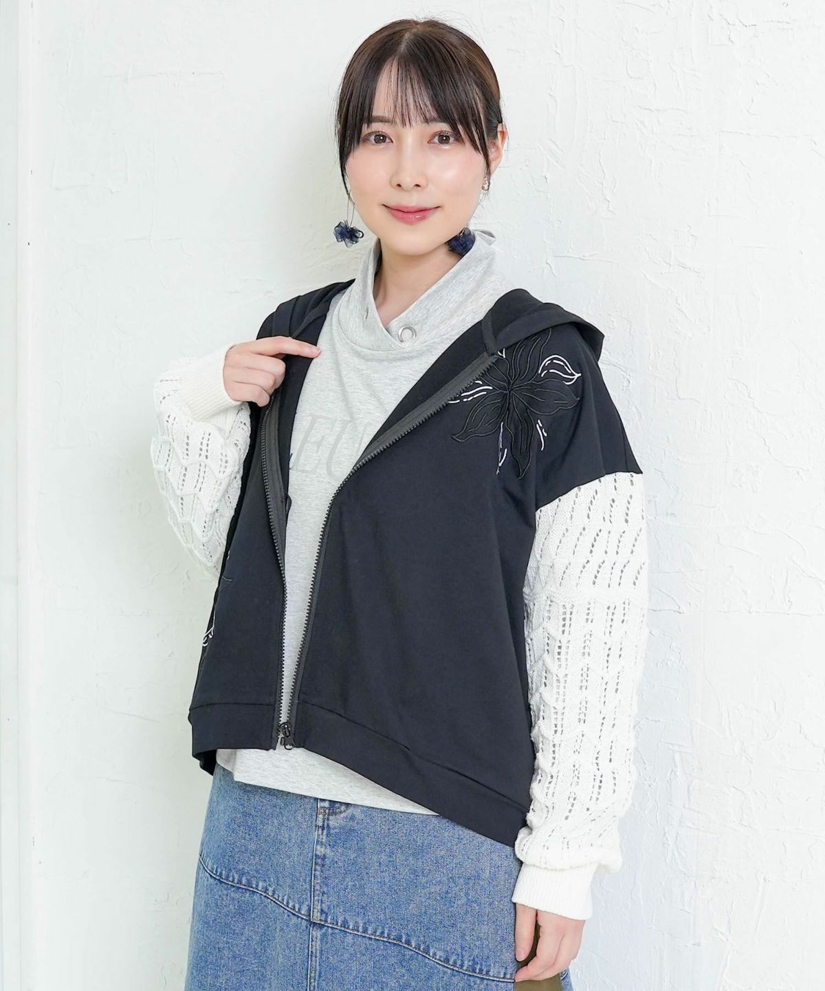 花刺繍アップリケ×ニット切替パーカー-1