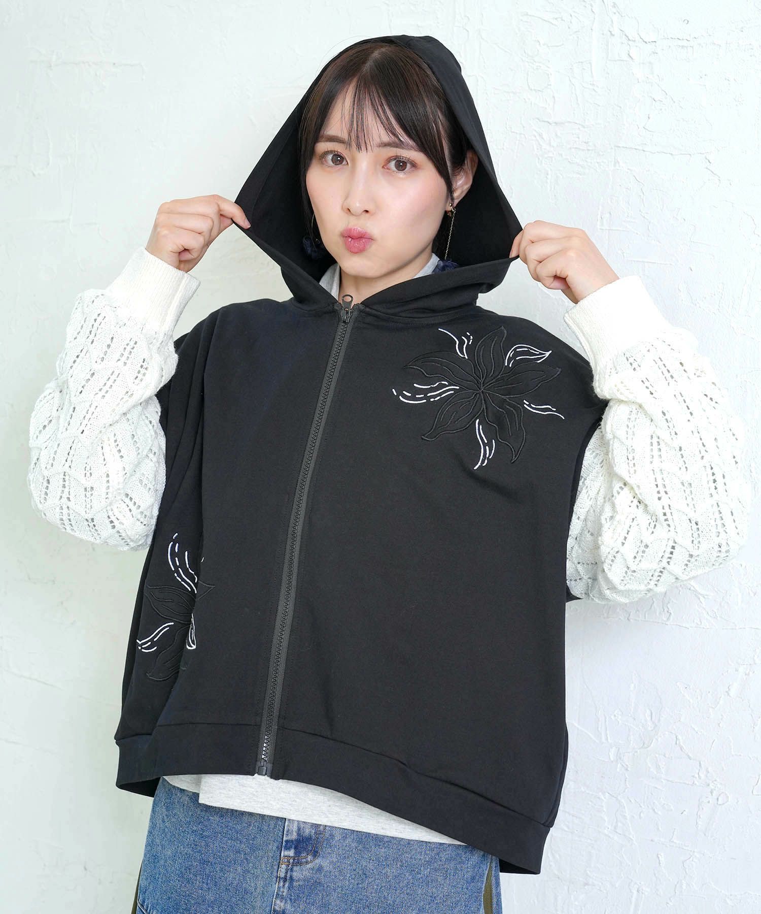 花刺繍アップリケ×ニット切替パーカー-3