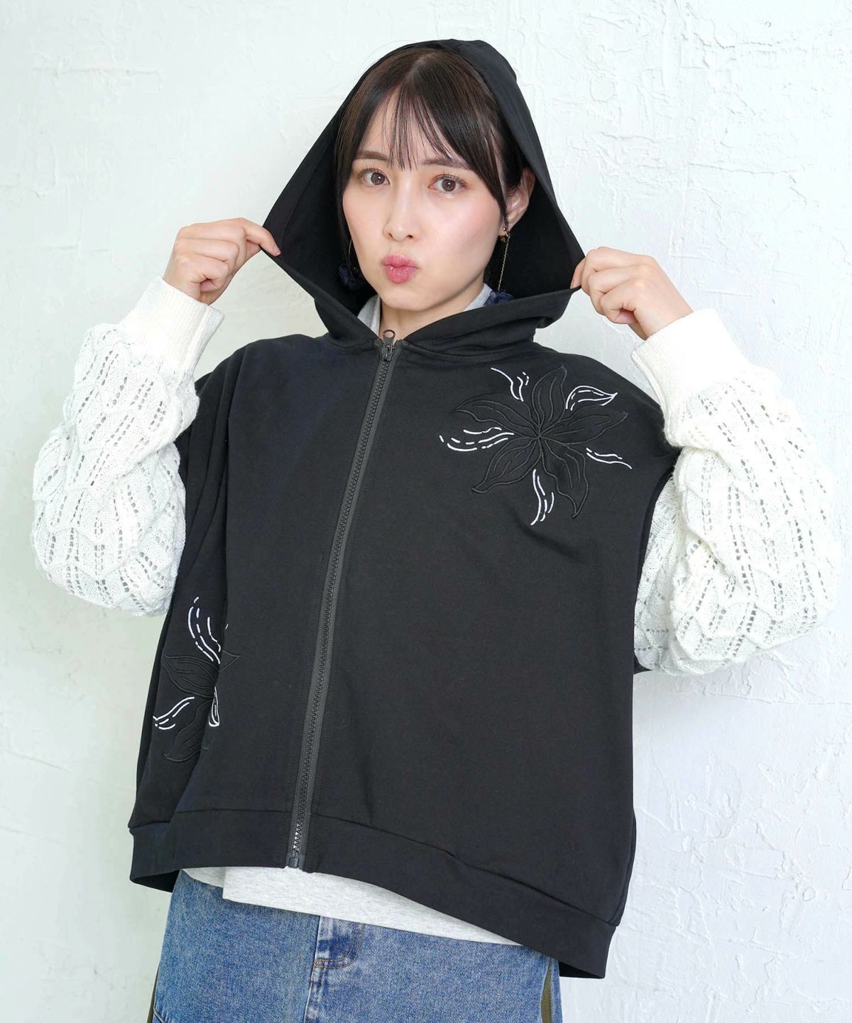 花刺繍アップリケ×ニット切替パーカー-3