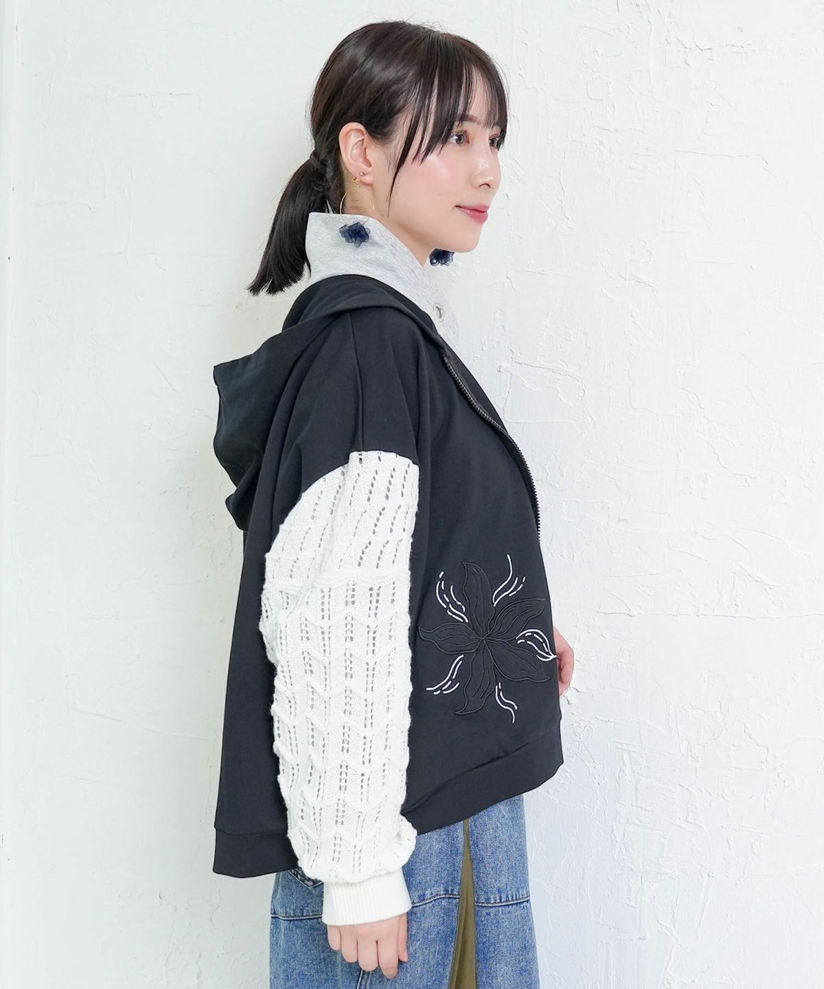 花刺繍アップリケ×ニット切替パーカー-4