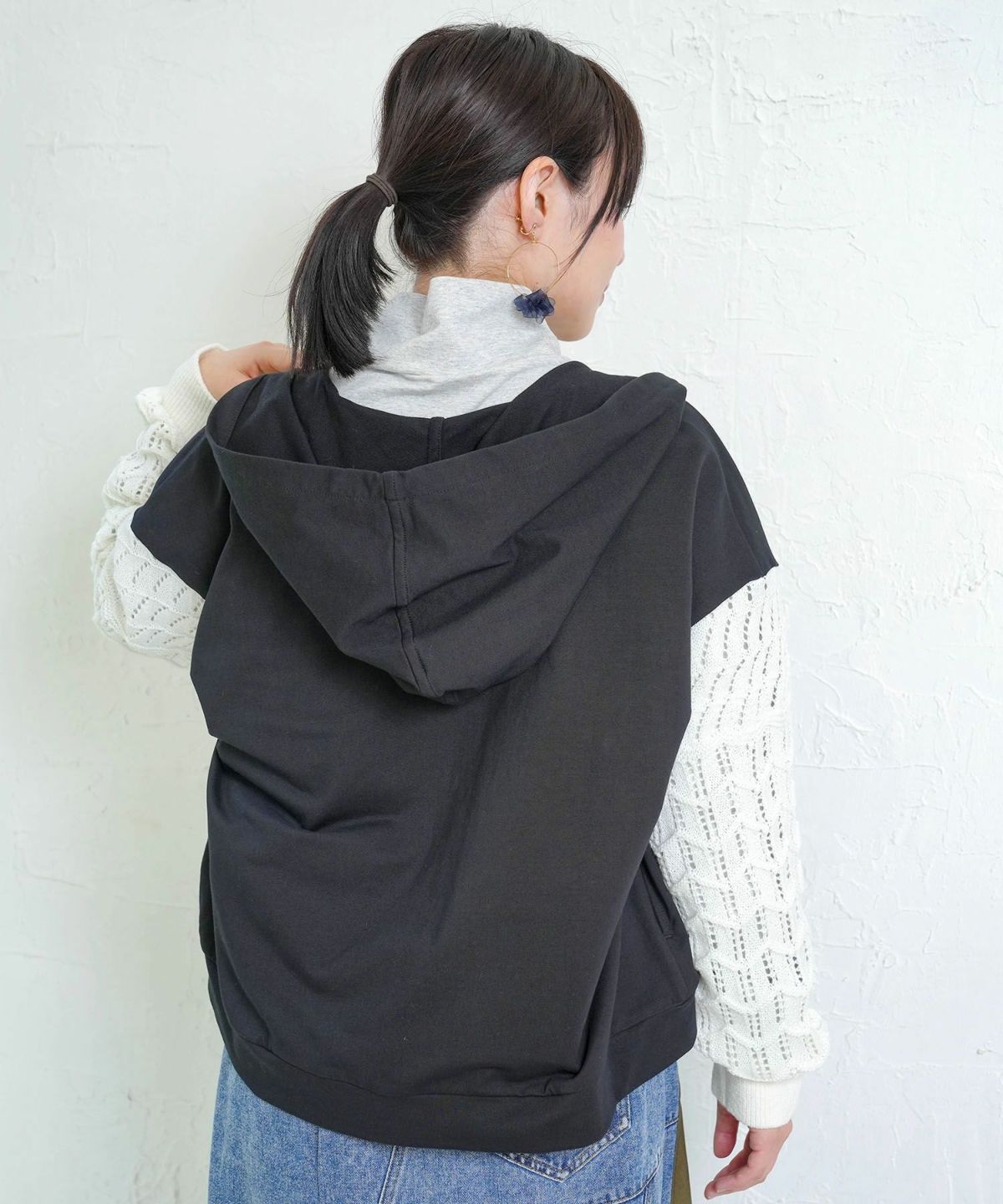 花刺繍アップリケ×ニット切替パーカー-5