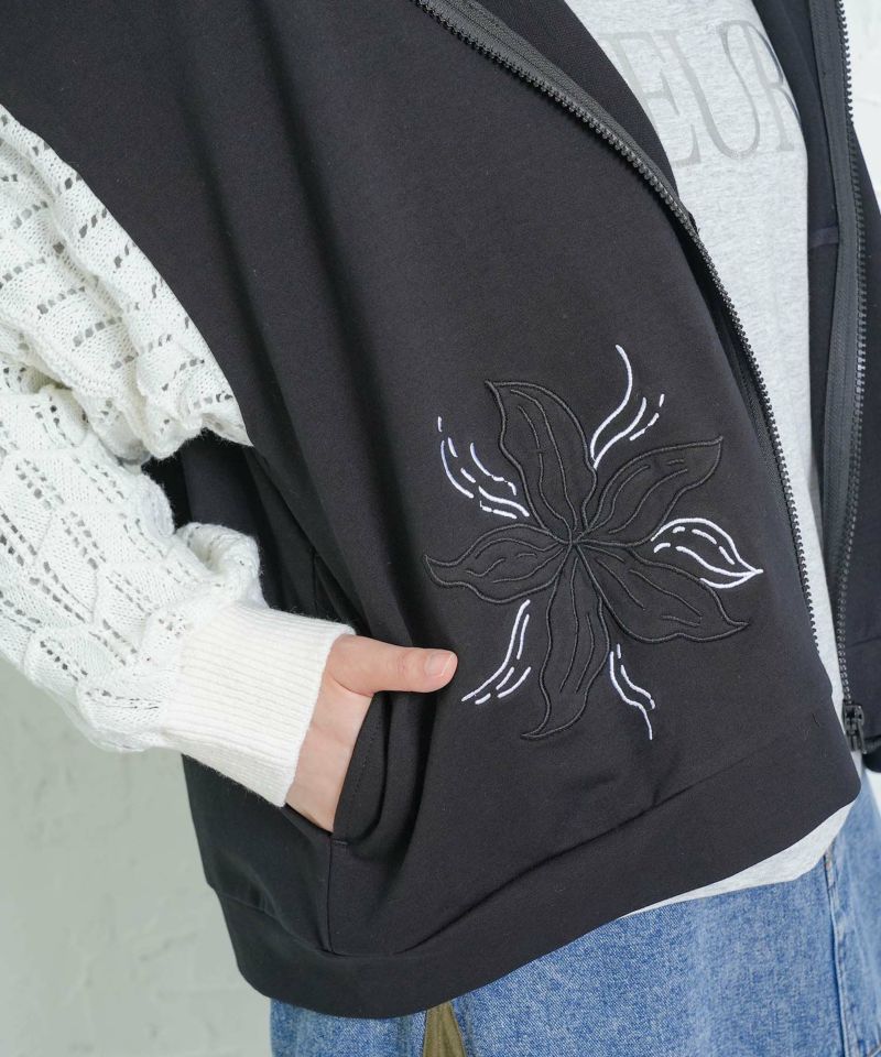 花刺繍アップリケ×ニット切替パーカー-7
