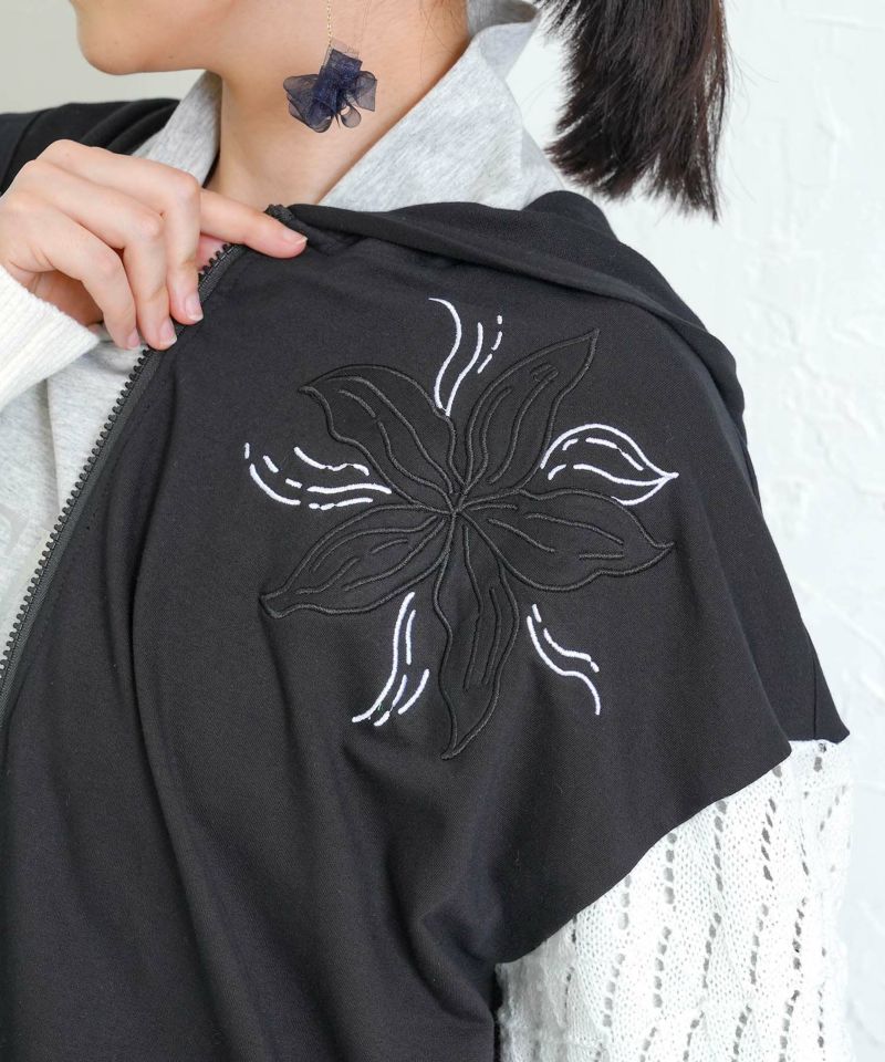 花刺繍アップリケ×ニット切替パーカー-8