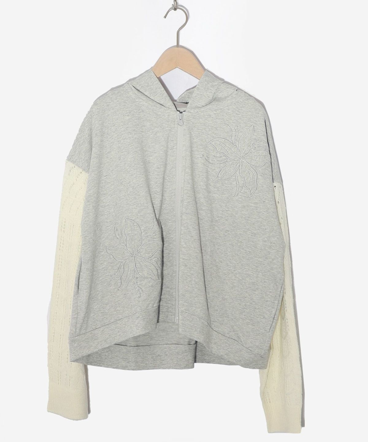 花刺繍アップリケ×ニット切替パーカー-9