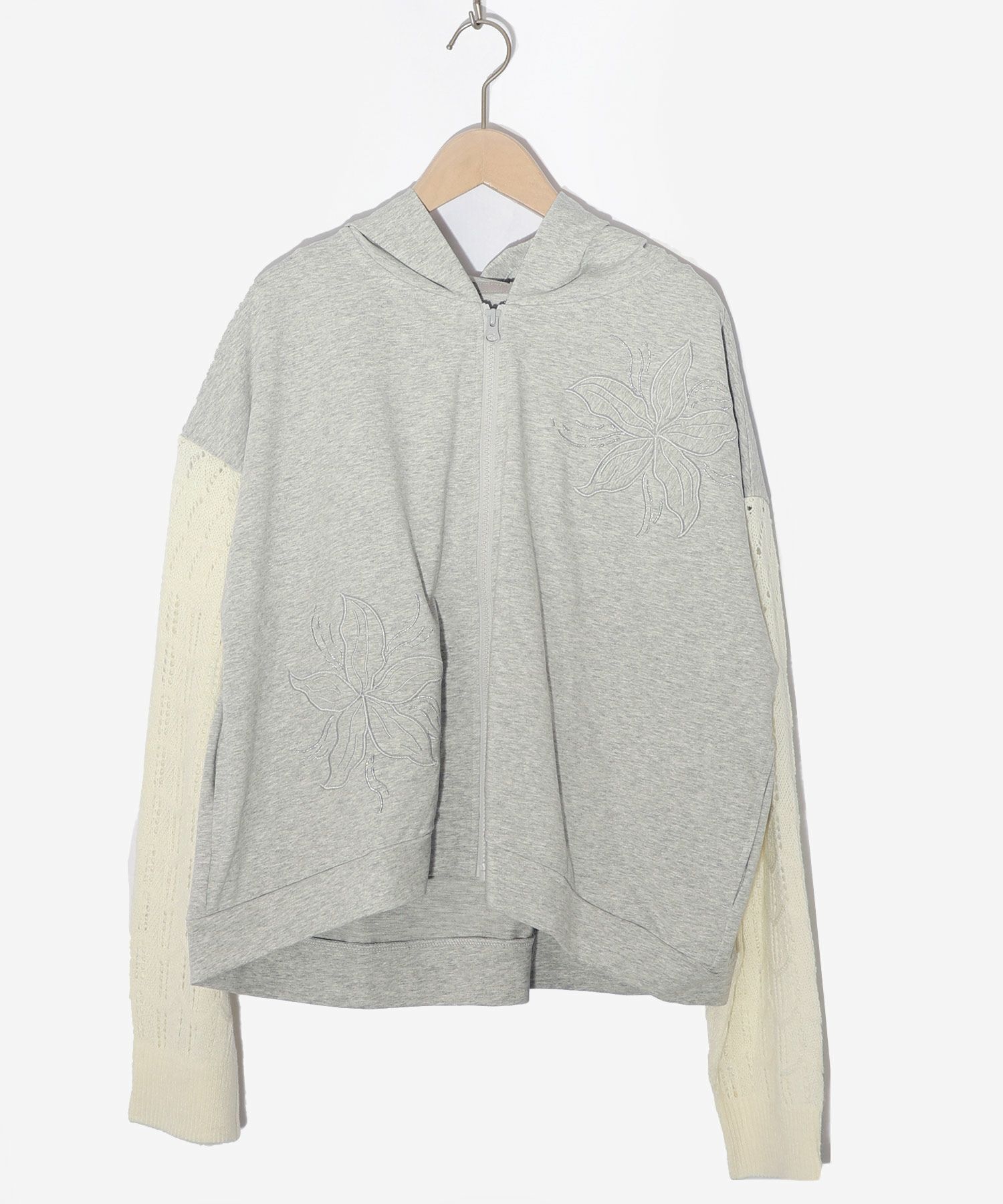 花刺繍アップリケ×ニット切替パーカー-9