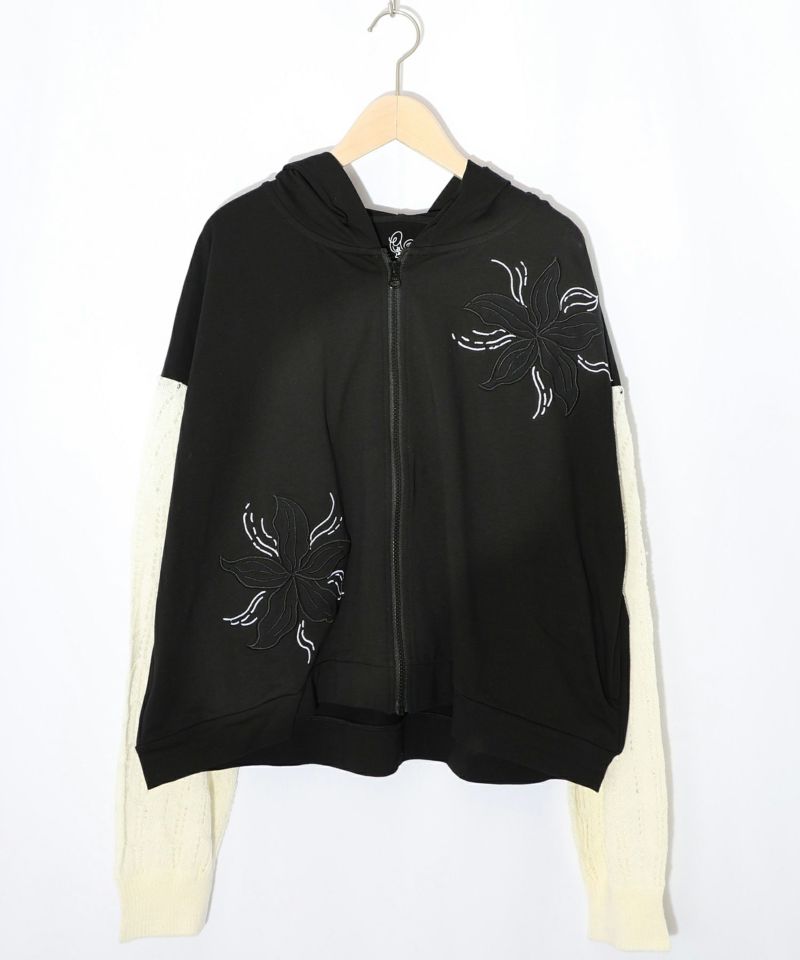 花刺繍アップリケ×ニット切替パーカー-11