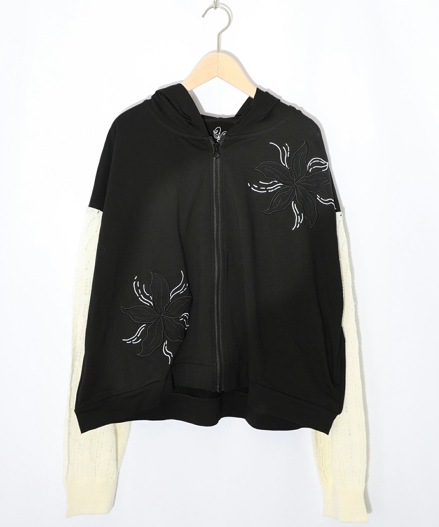 花刺繍アップリケ×ニット切替パーカー-11