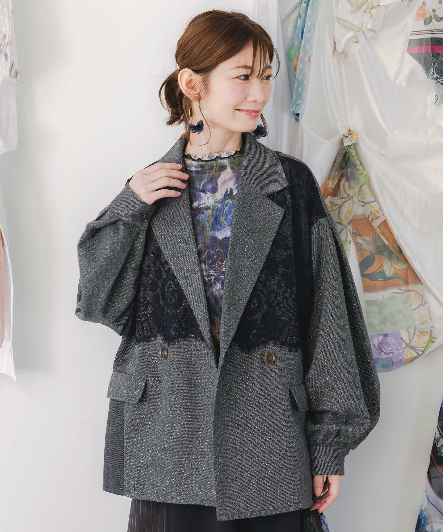 レースと蝶々の異素材切替ジャケット-1