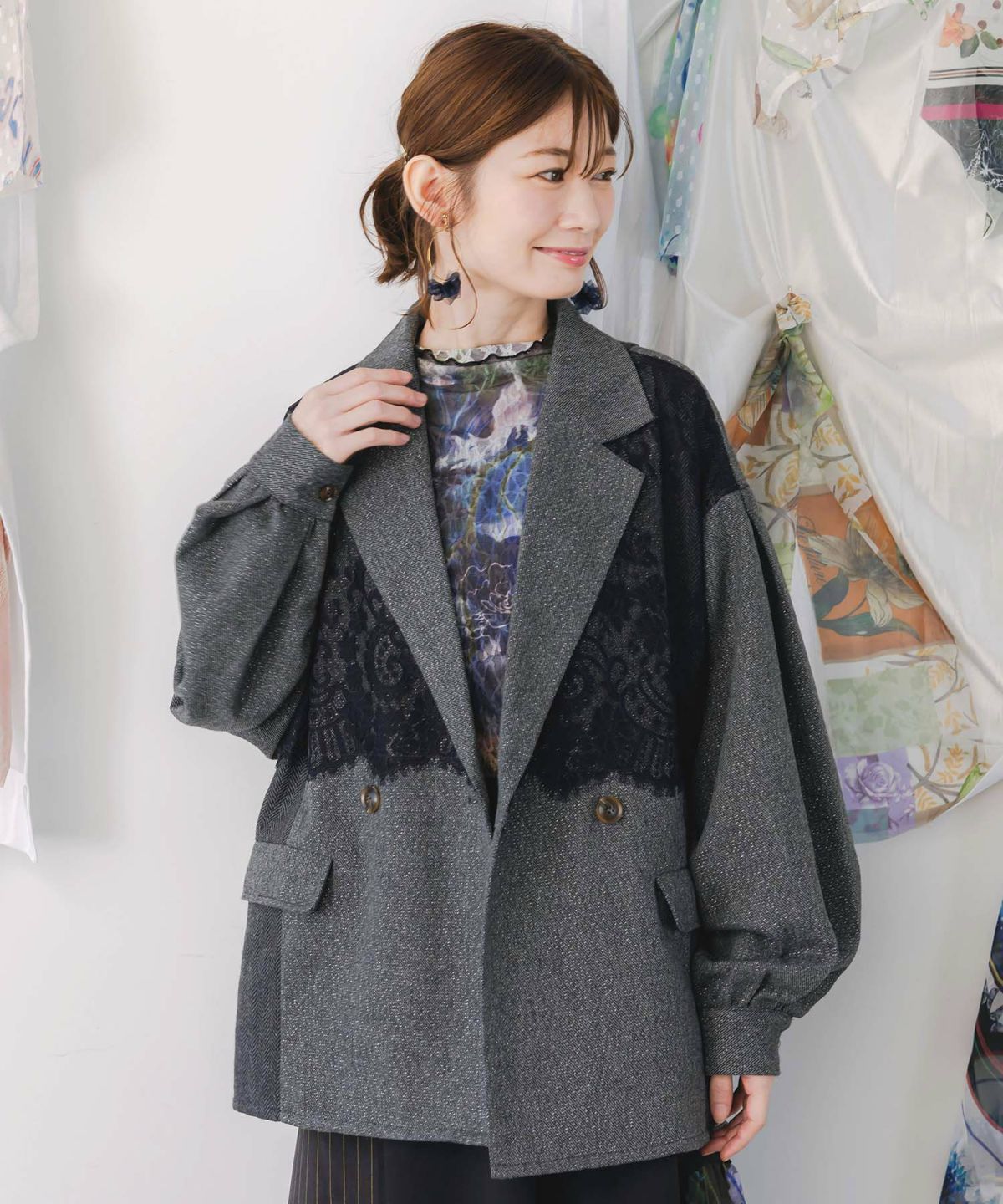 レースと蝶々の異素材切替ジャケット-1