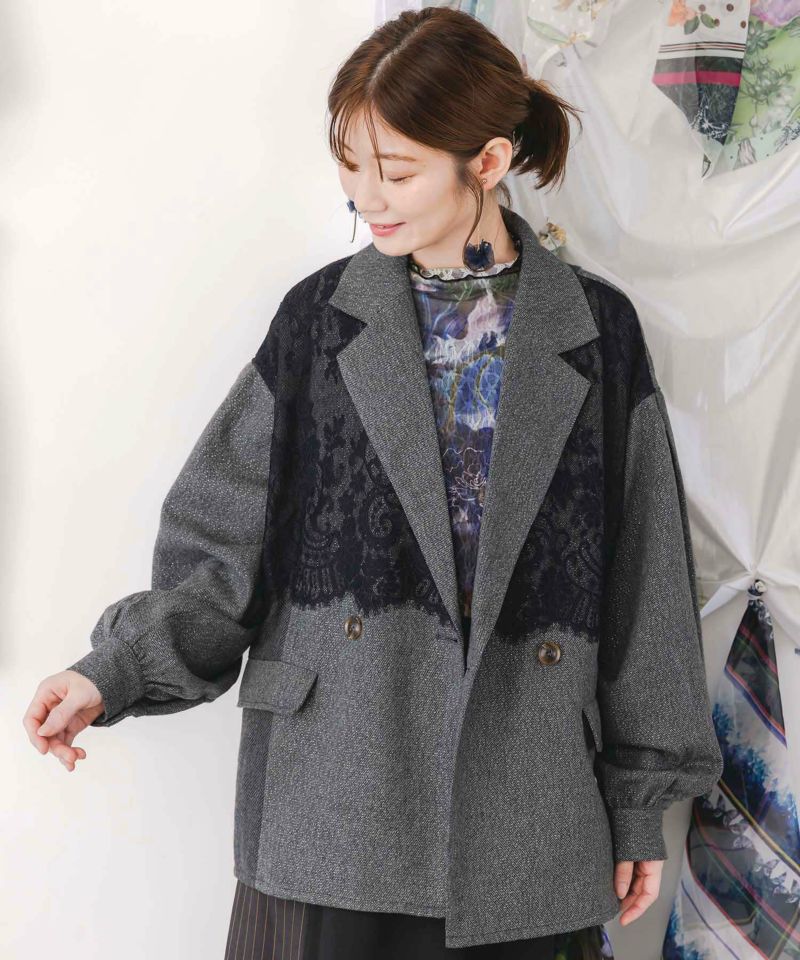 レースと蝶々の異素材切替ジャケット-3