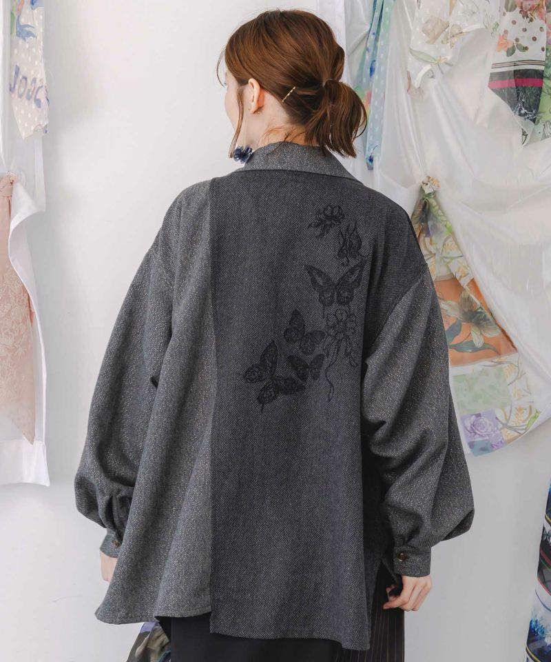 レースと蝶々の異素材切替ジャケット-5