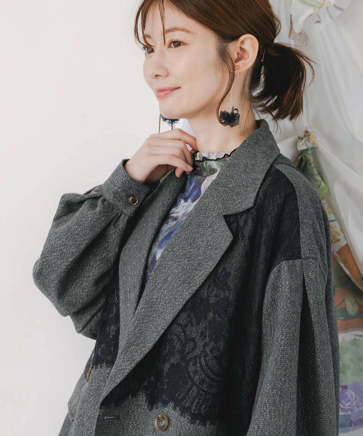 レースと蝶々の異素材切替ジャケット-6