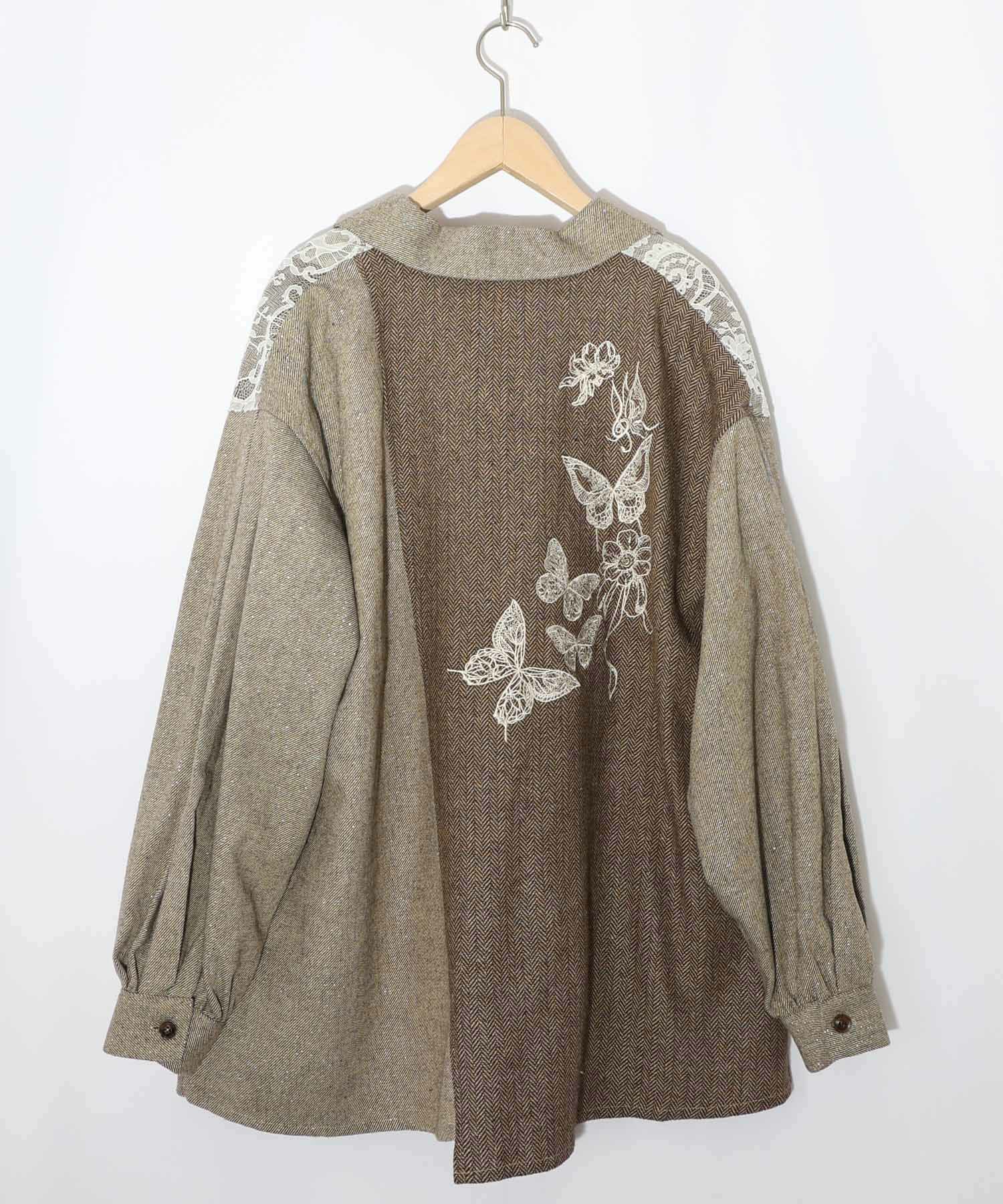 レースと蝶々の異素材切替ジャケット-13