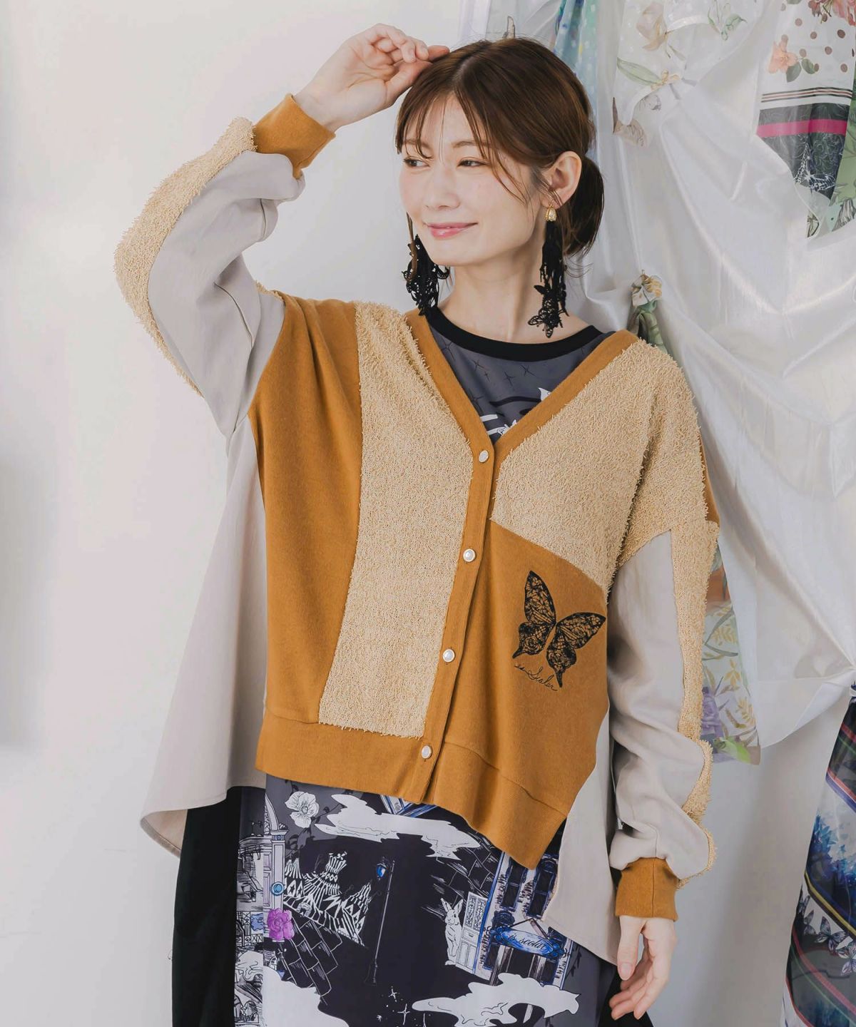 蝶々の異素材切替カーディガン-1