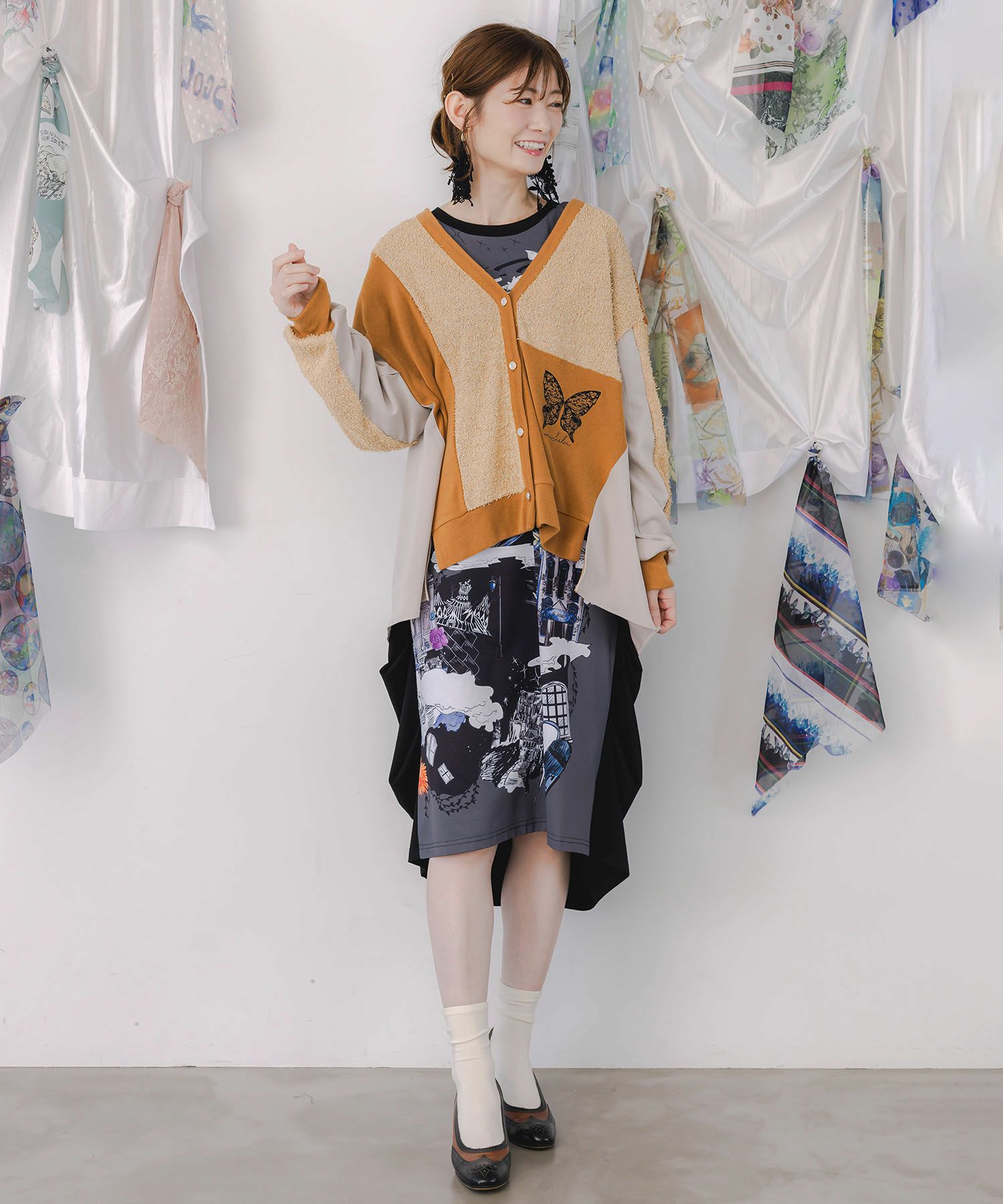 蝶々の異素材切替カーディガン-2