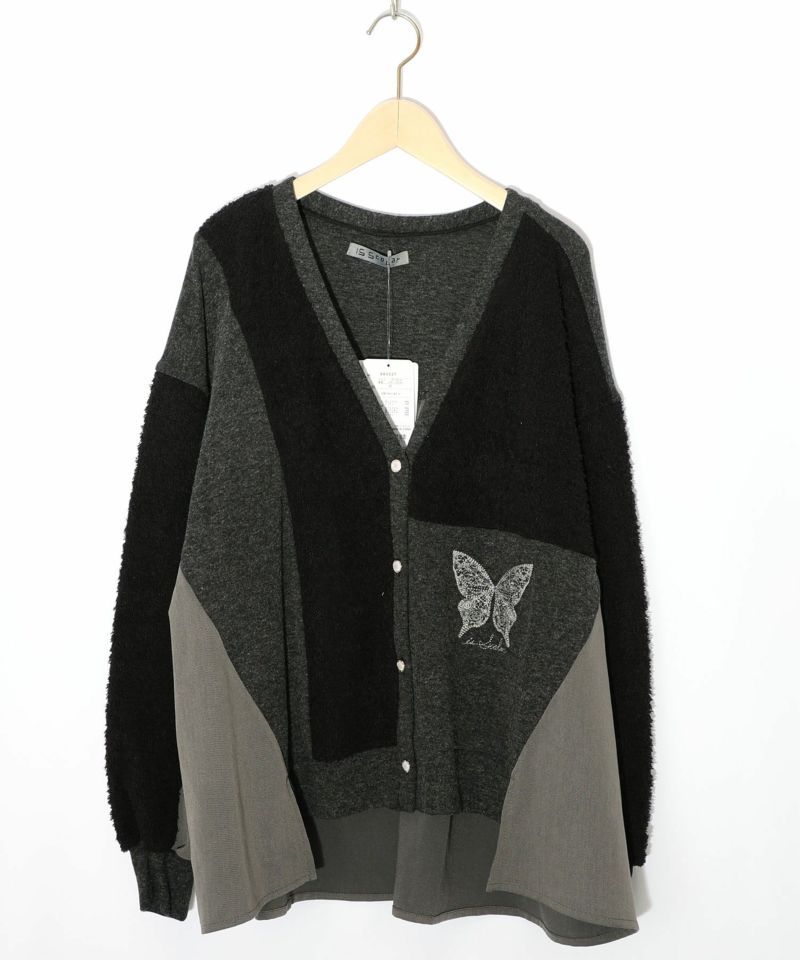 蝶々の異素材切替カーディガン-9