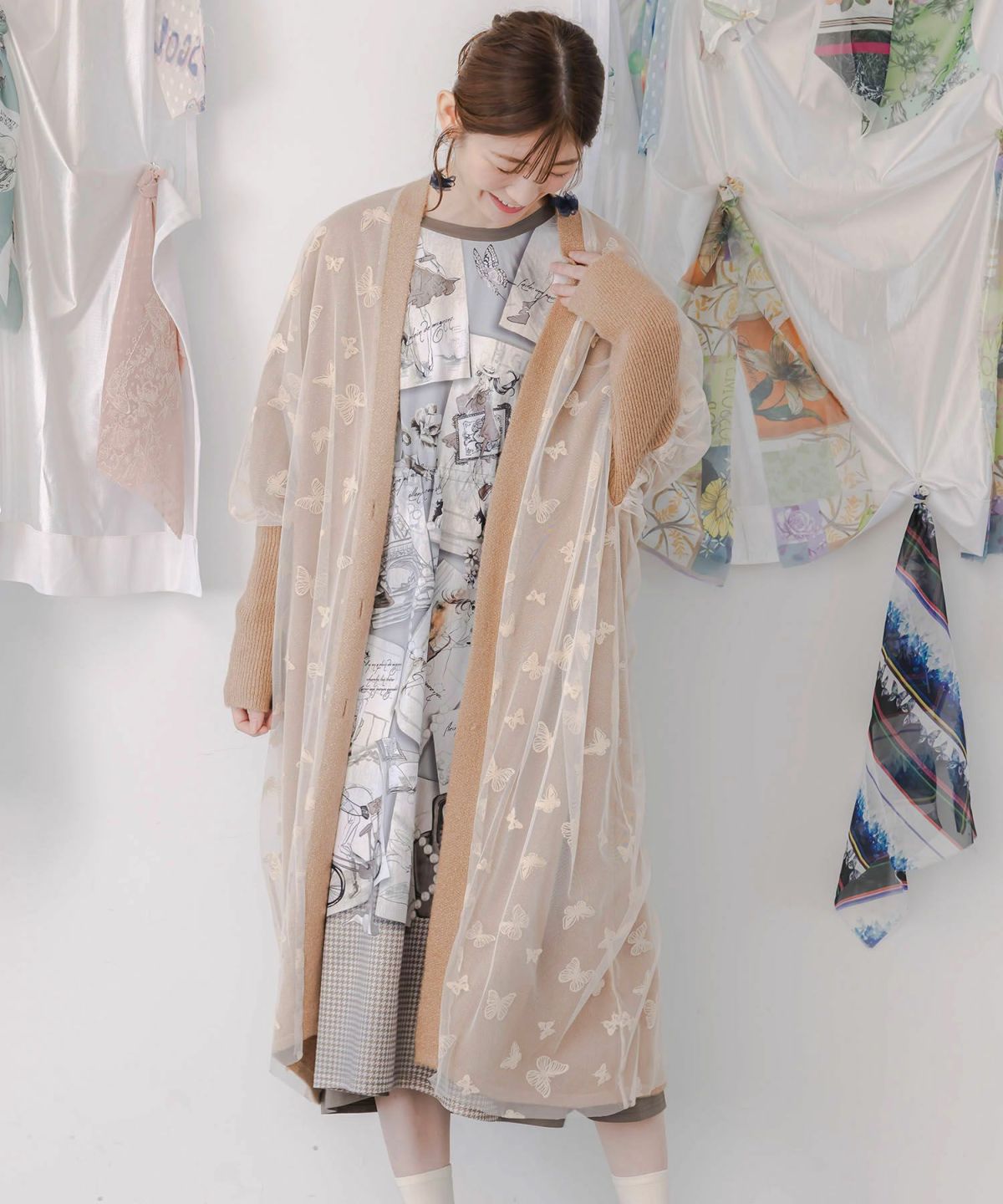 蝶々チュール×ラメ入りニットカーディガン-2