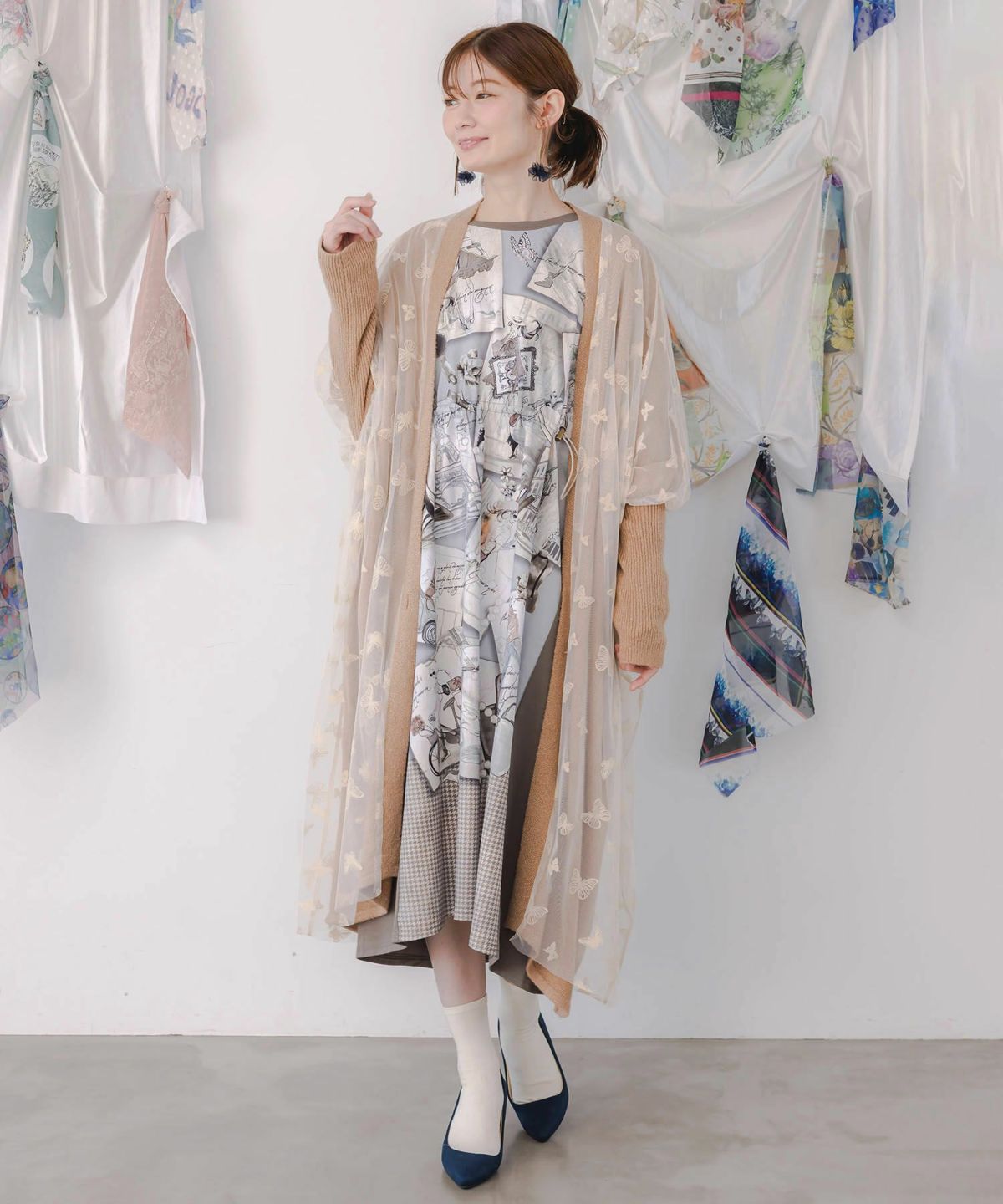 蝶々チュール×ラメ入りニットカーディガン-3