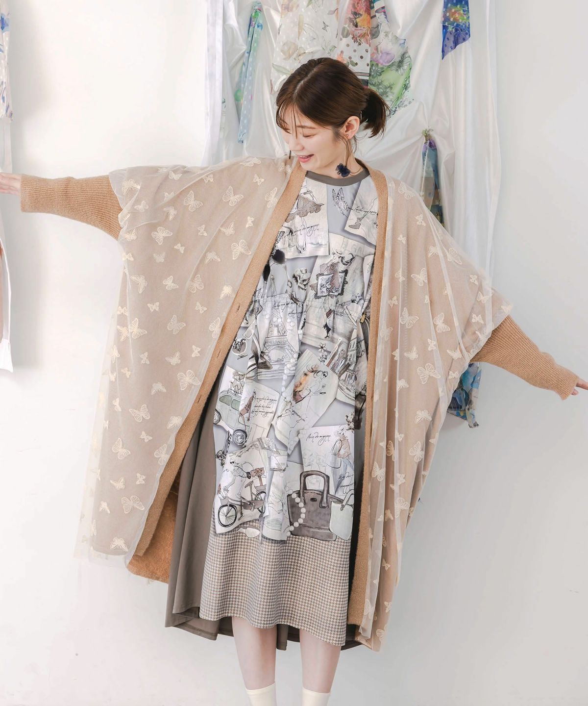 蝶々チュール×ラメ入りニットカーディガン-5