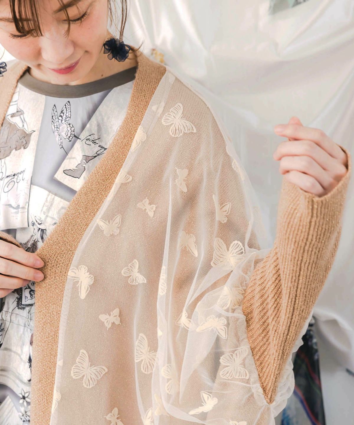 蝶々チュール×ラメ入りニットカーディガン-6