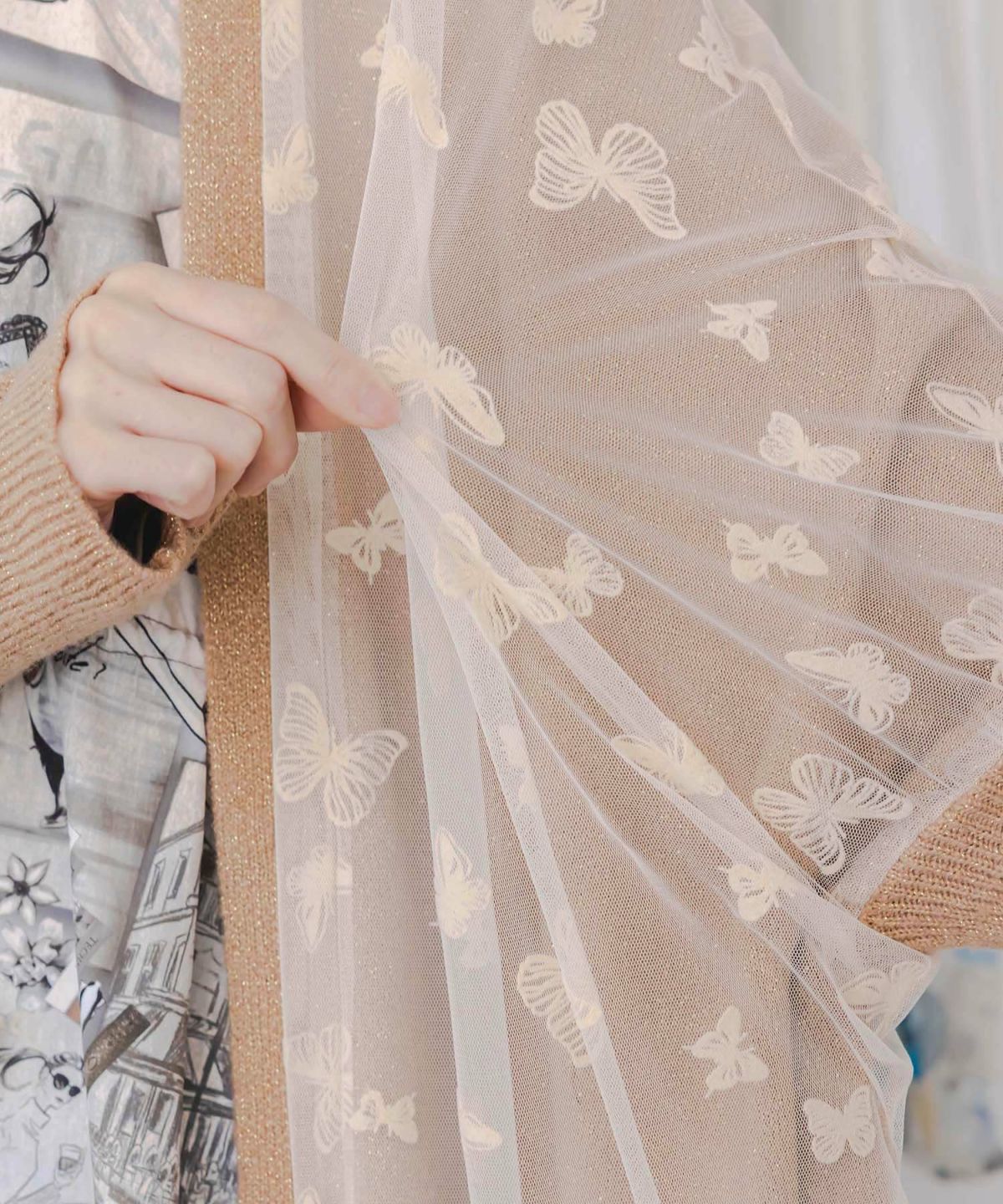 蝶々チュール×ラメ入りニットカーディガン-7