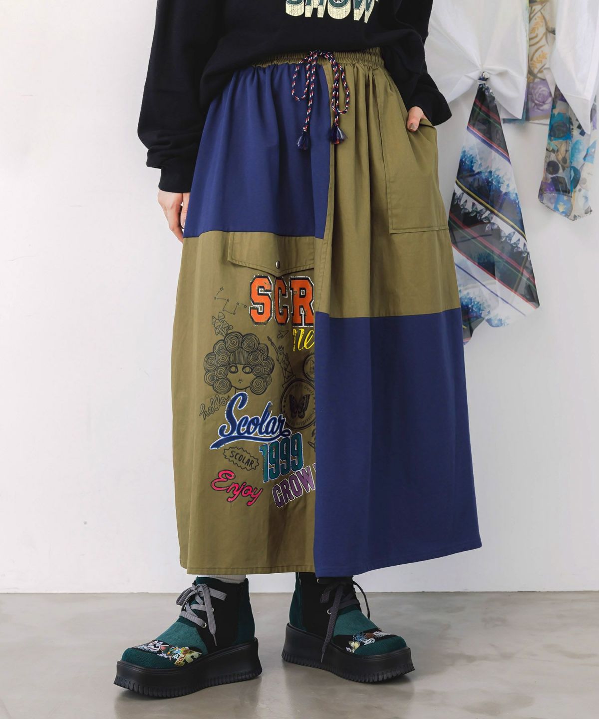 レトロ異素材バイカラーワークスカート-1