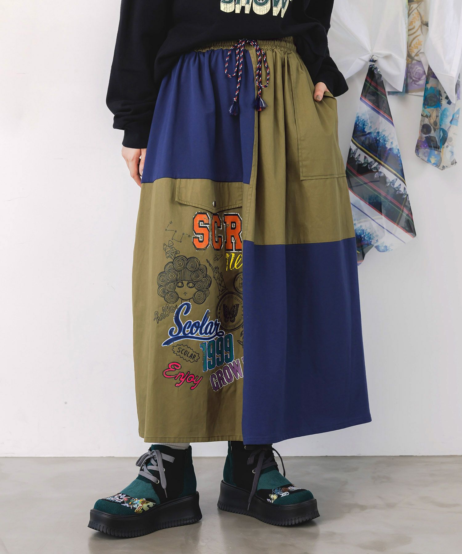 レトロ異素材バイカラーワークスカート-1
