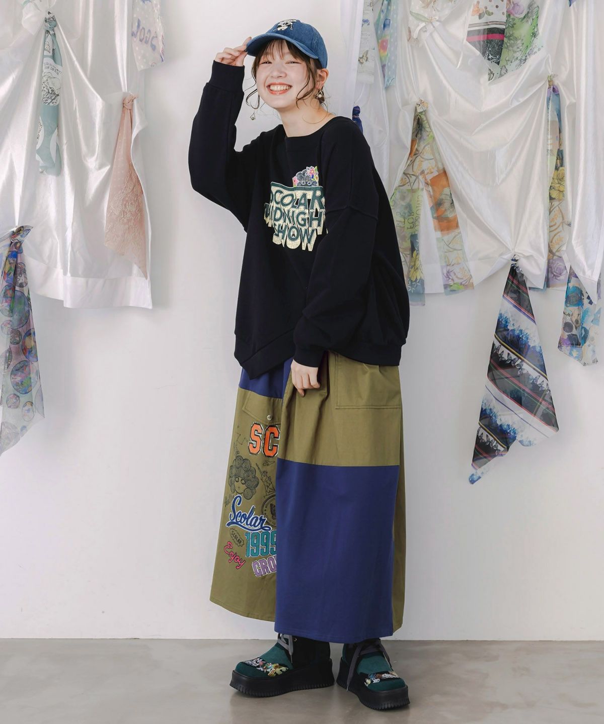 レトロ異素材バイカラーワークスカート-2