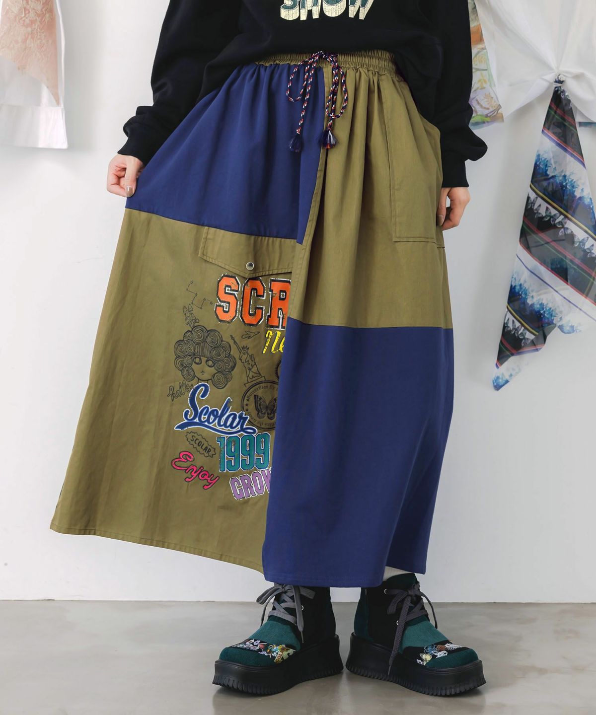 レトロ異素材バイカラーワークスカート-3