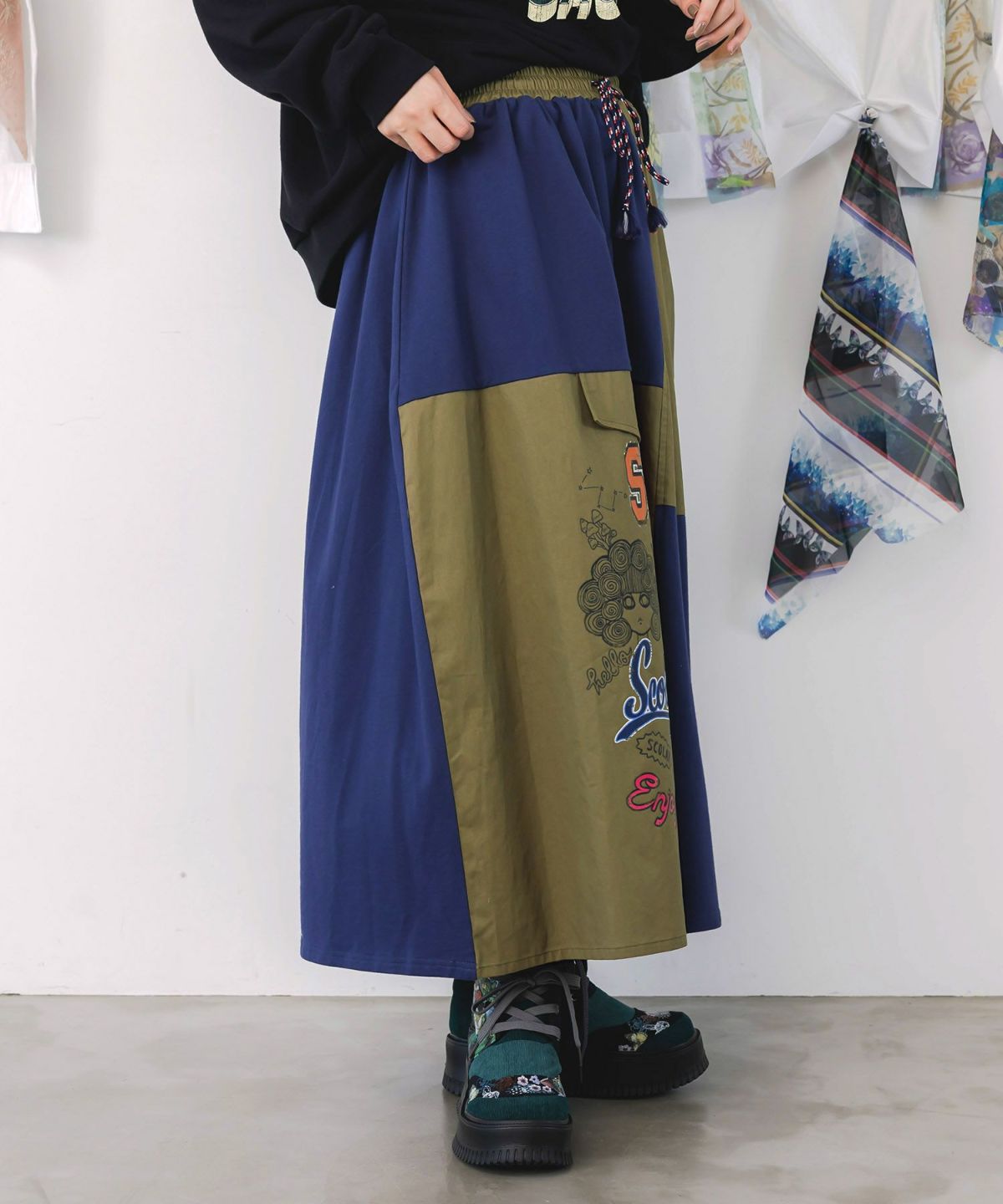 レトロ異素材バイカラーワークスカート-4