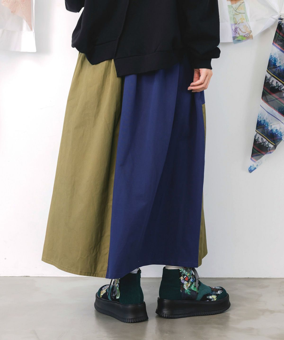 レトロ異素材バイカラーワークスカート-5