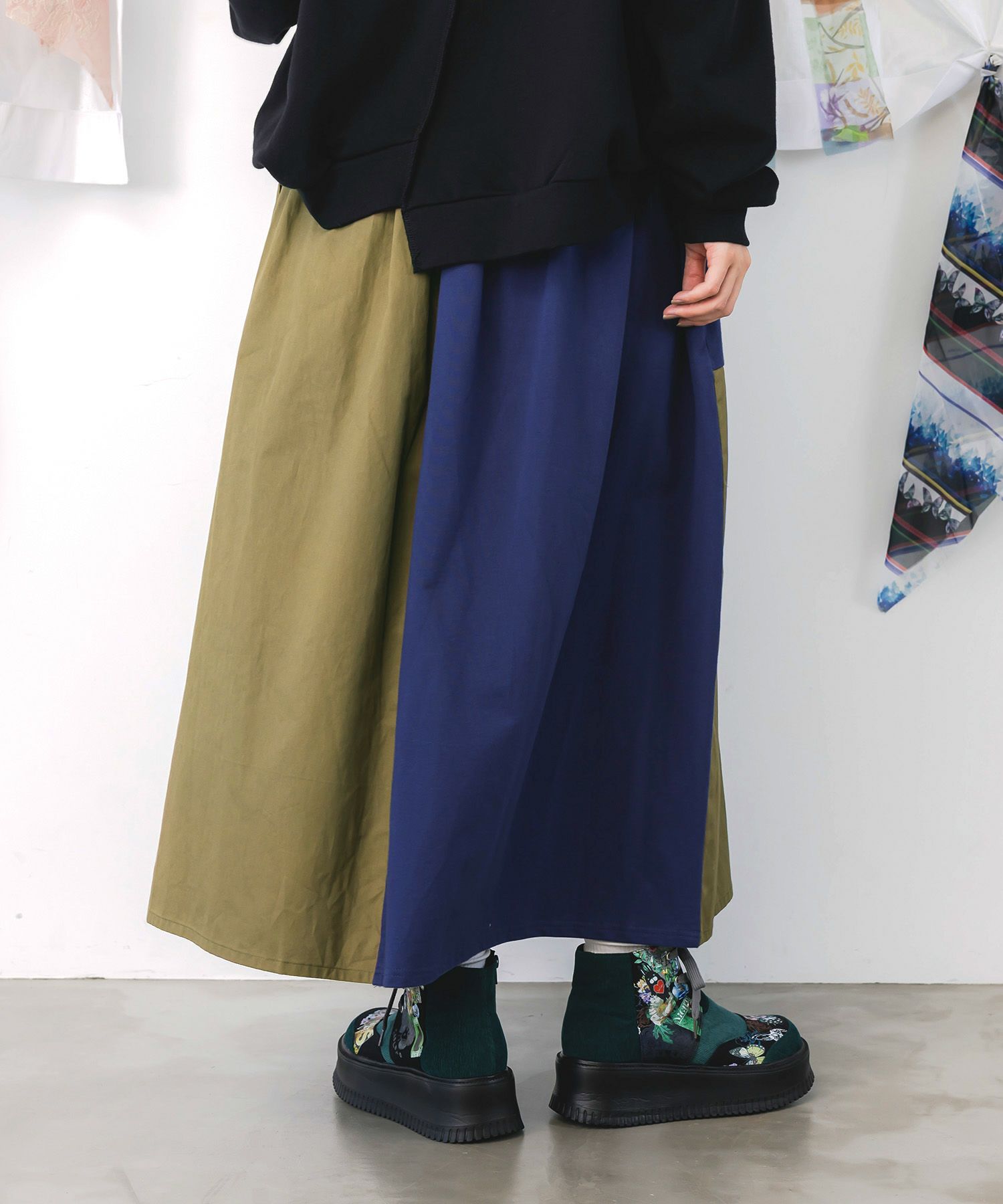 レトロ異素材バイカラーワークスカート-5