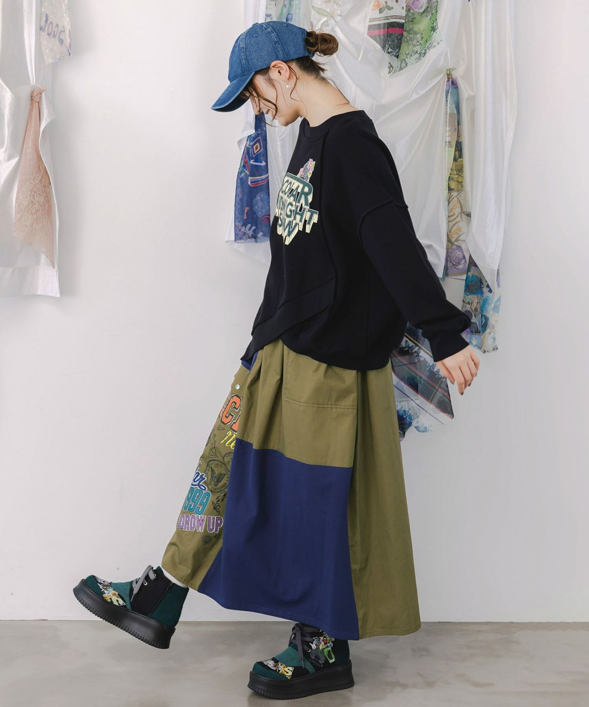 レトロ異素材バイカラーワークスカート-6