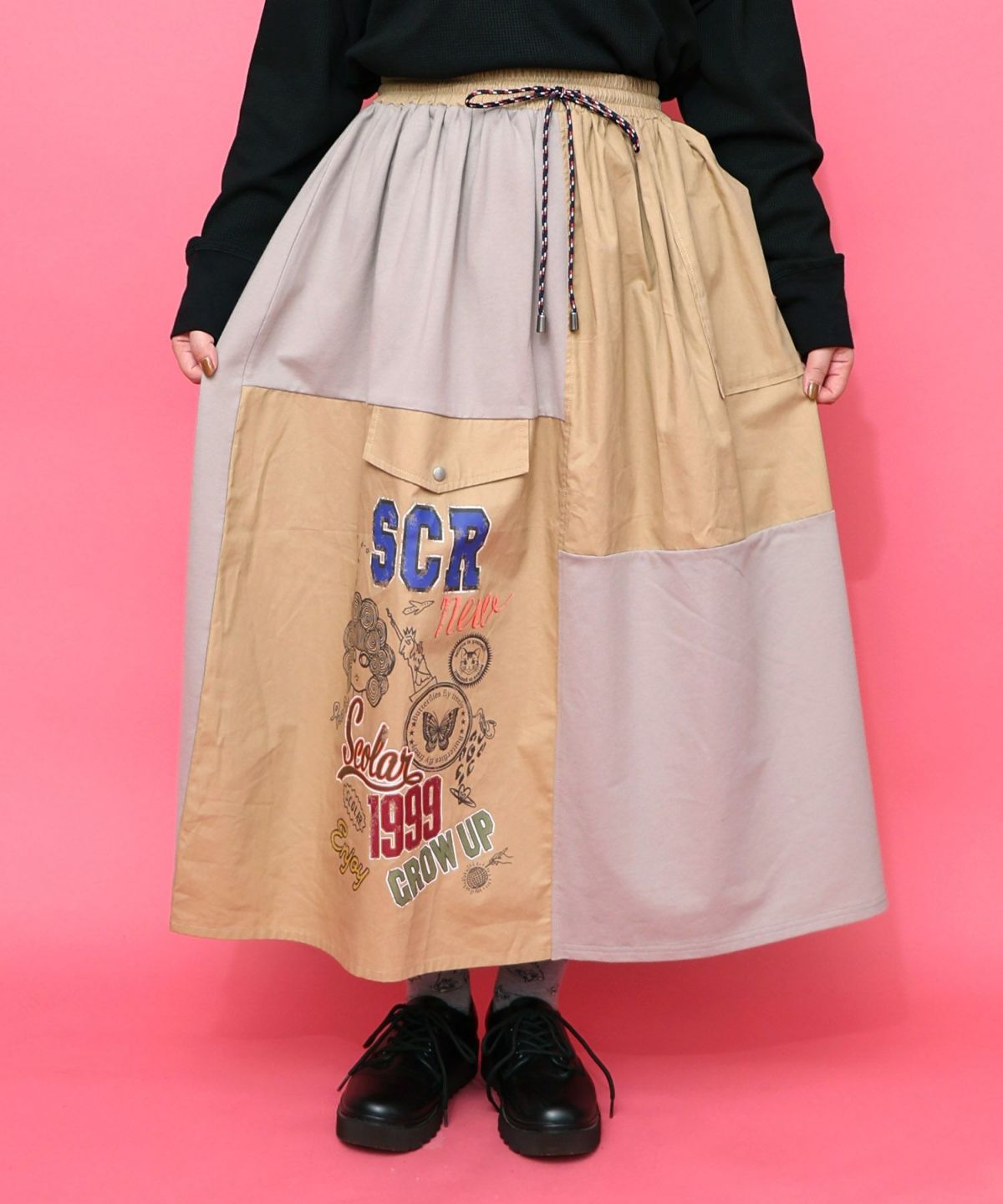 レトロ異素材バイカラーワークスカート-8