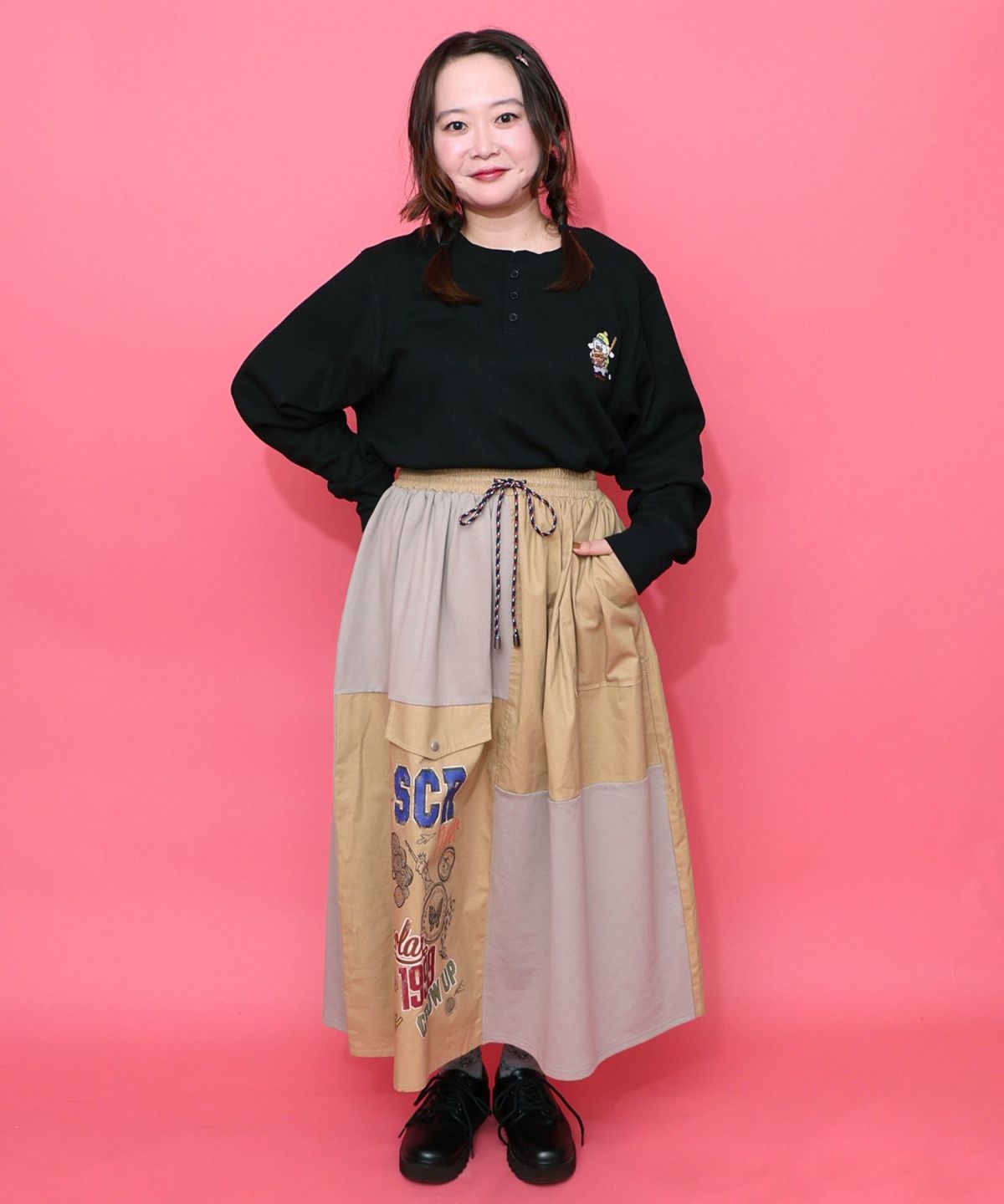 レトロ異素材バイカラーワークスカート-9