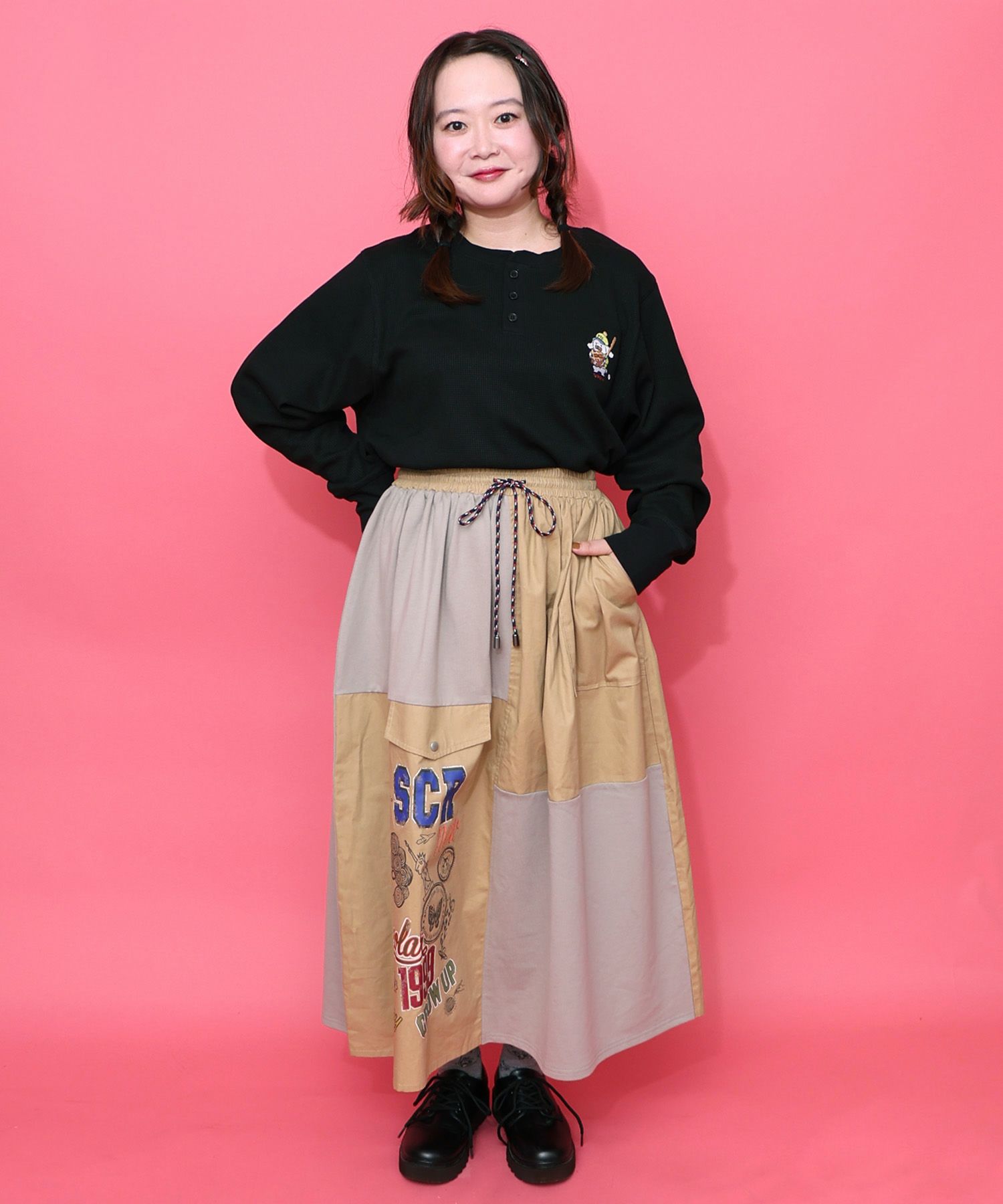 レトロ異素材バイカラーワークスカート-9