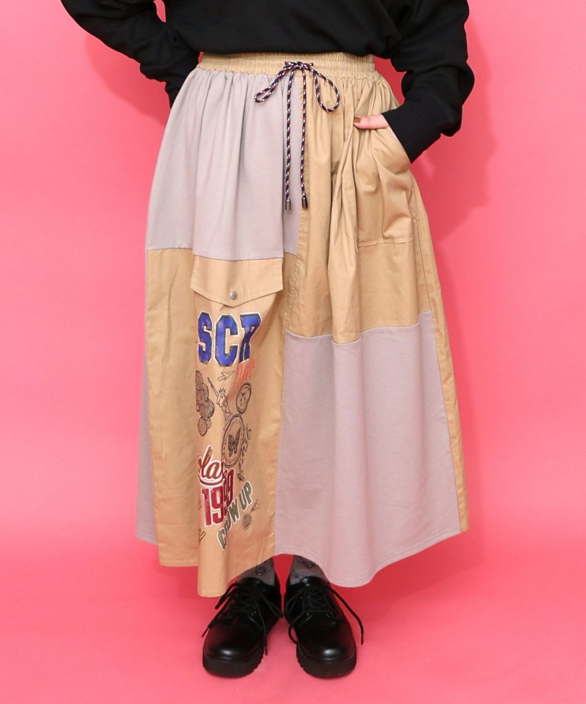 レトロ異素材バイカラーワークスカート-10