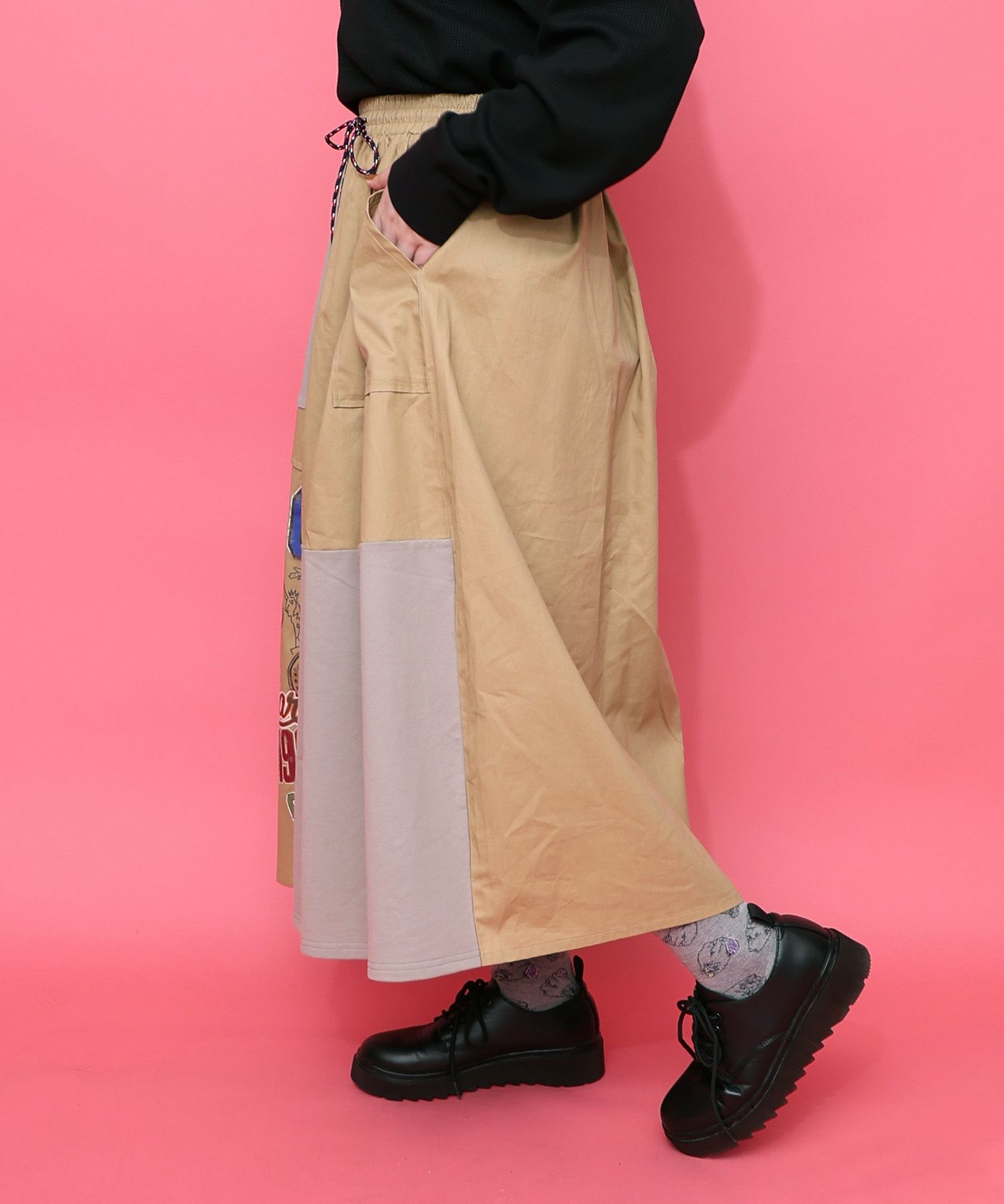 レトロ異素材バイカラーワークスカート-11